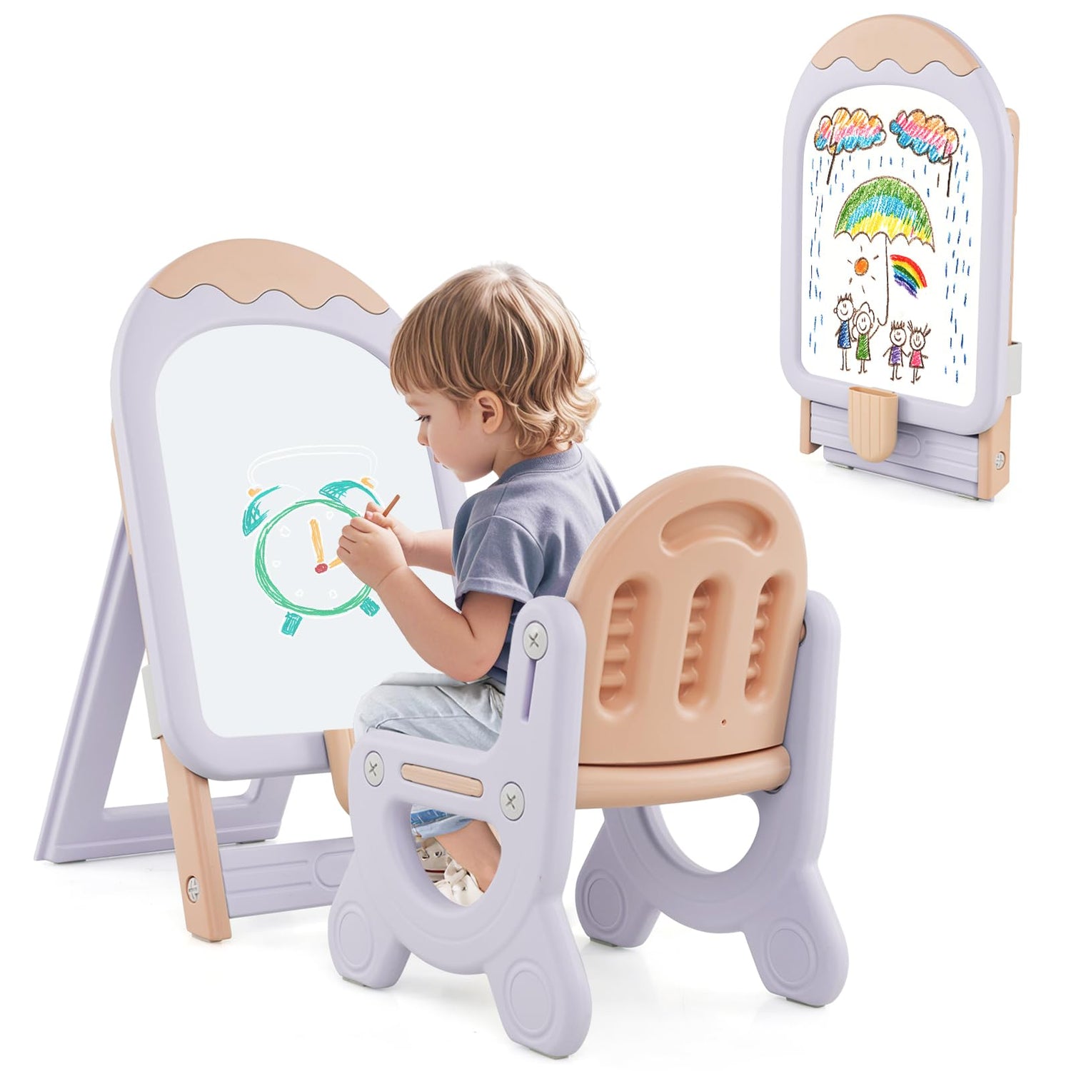 Height-adjustable and Foldable Standing Kids Art Easel with Chair