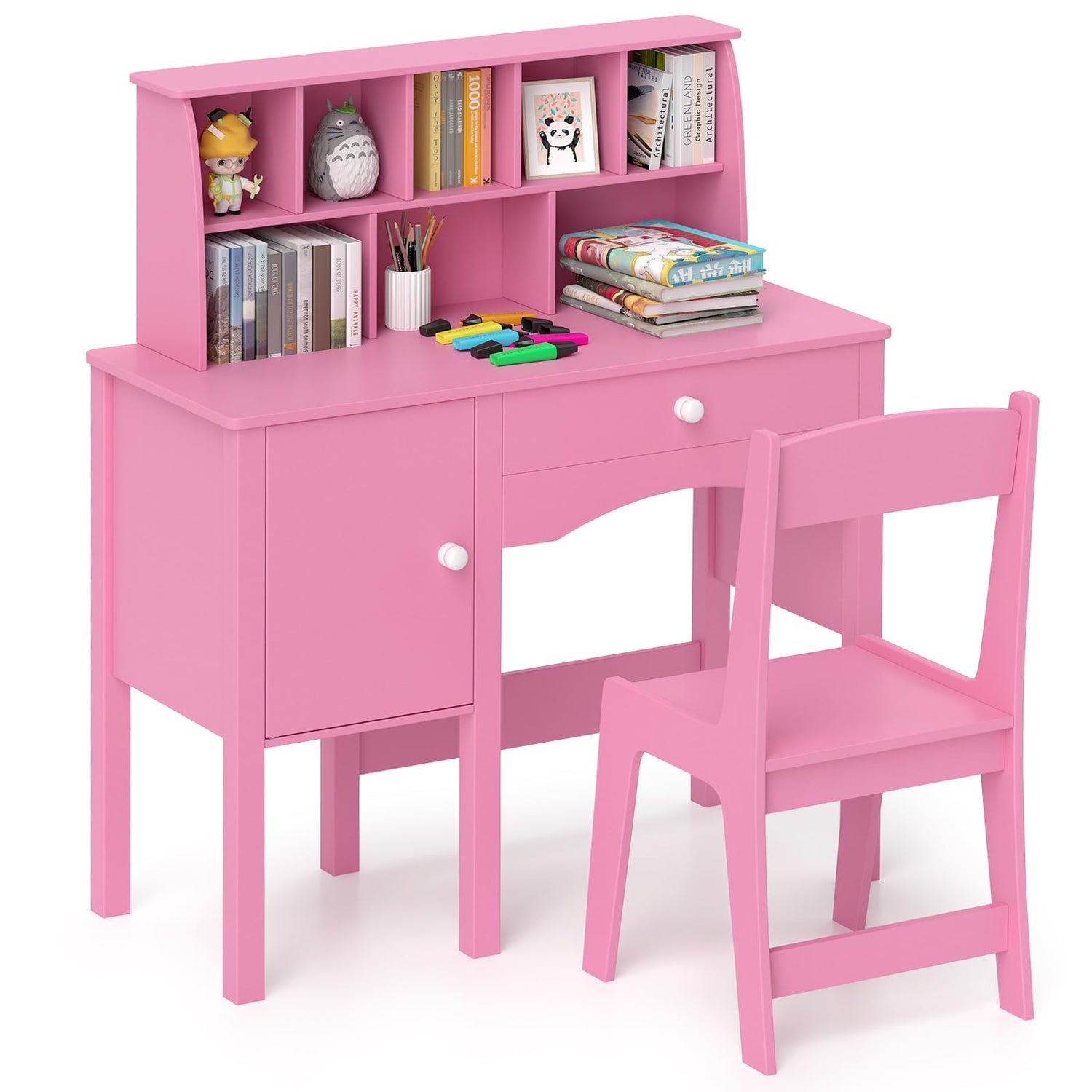 Kids Study Desk and Chair Set with Hutch and Storage Cabinet