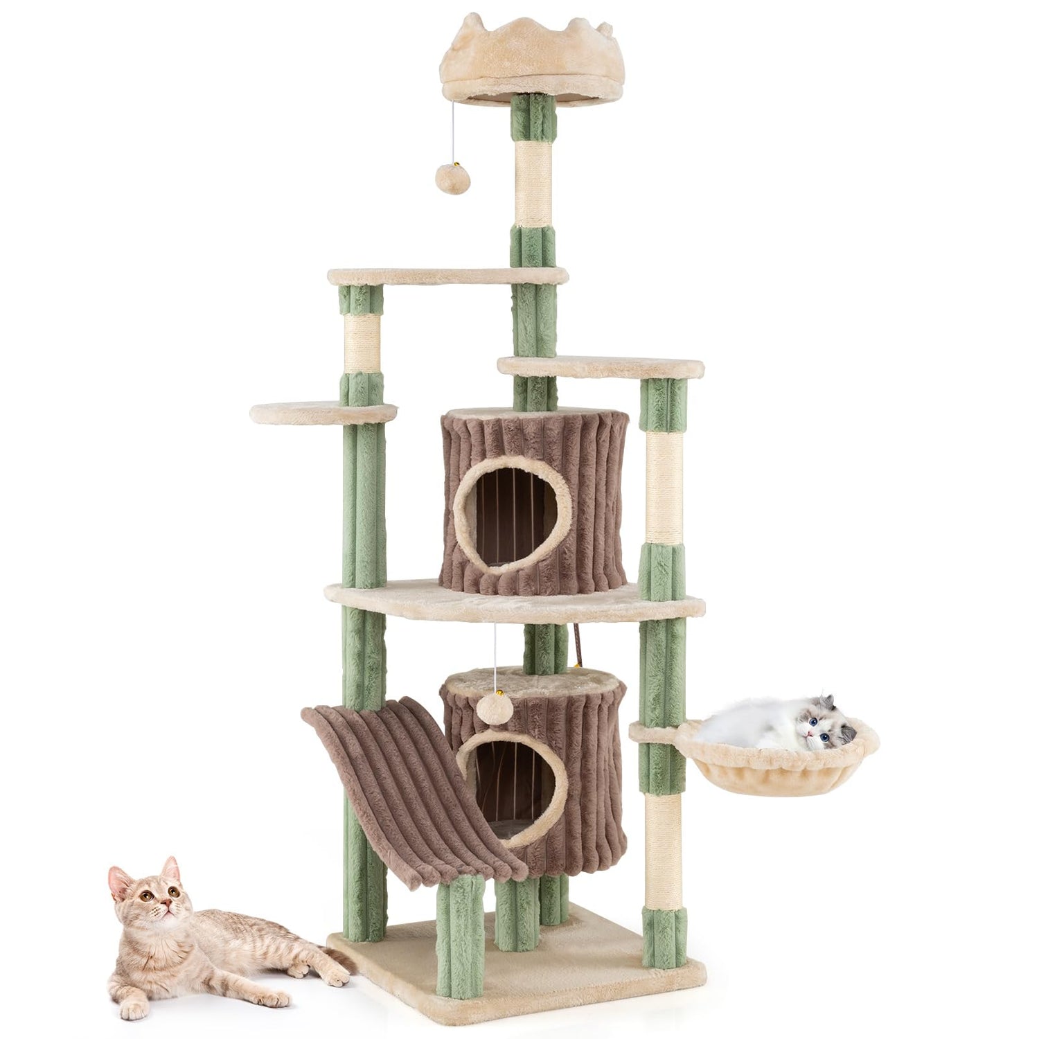 Cat Tree, 163cm Tall Modern Cats Tower with Plush Perch, 2 Condos, Basket Bed