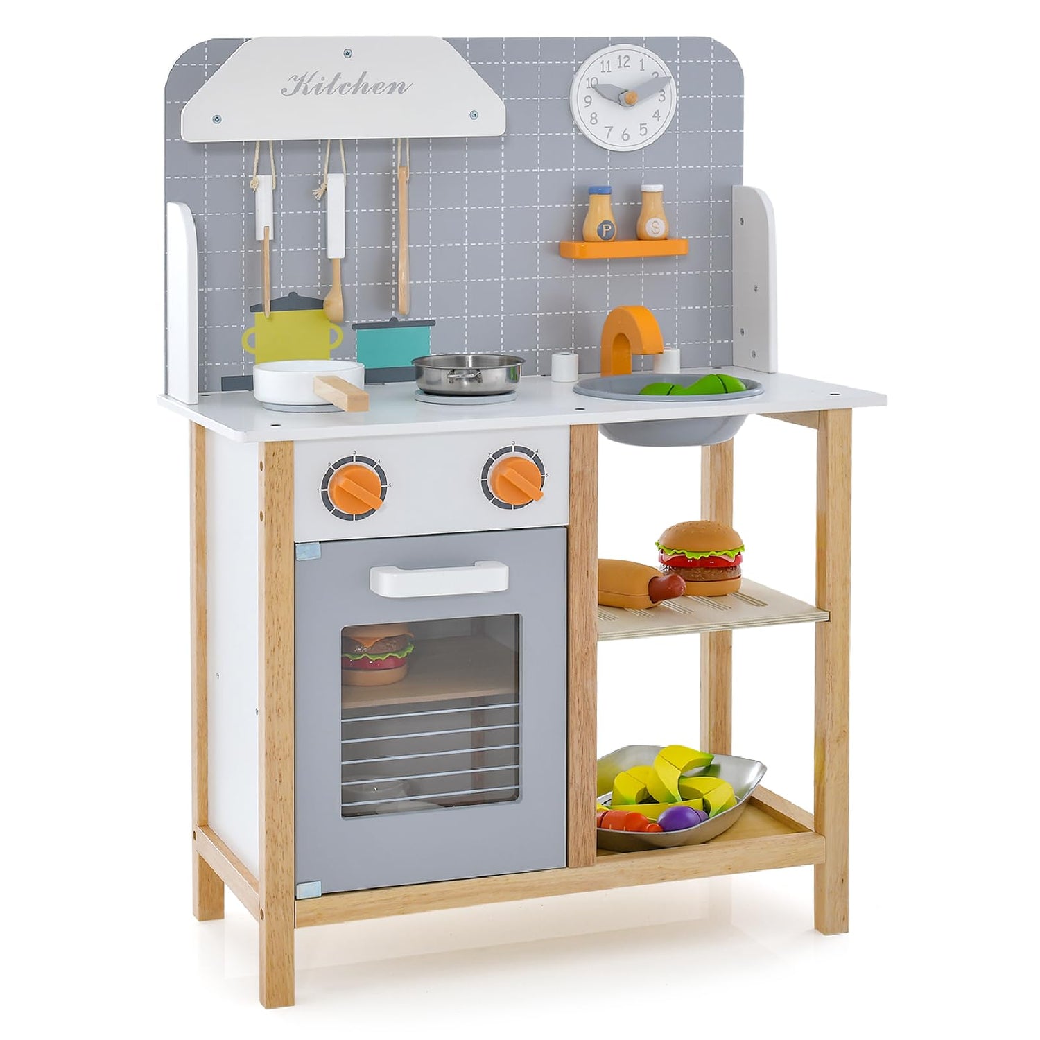 GYMAX Wooden Play Kitchen, Kids Kitchen Playset(57 x 26 x 82 cm)