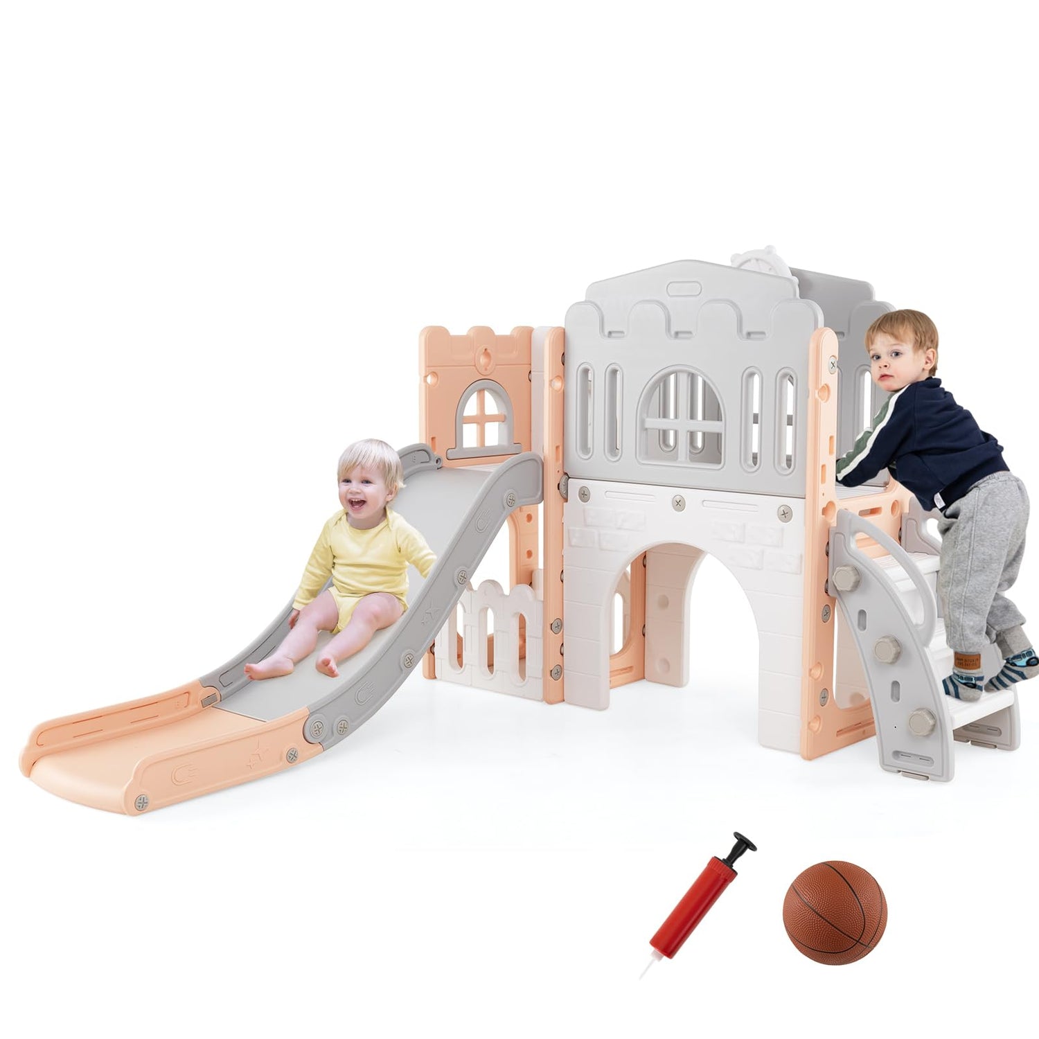 9 in 1 Toddler Slide L Shaped Kids Slide and Climber Playset with Basketball Hoop