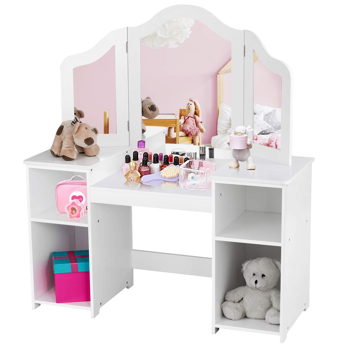 GYMAX Kids Dressing Table, 2 in 1 Children Vanity Table with Tri-Folding Mirror and Storage Shelf, White