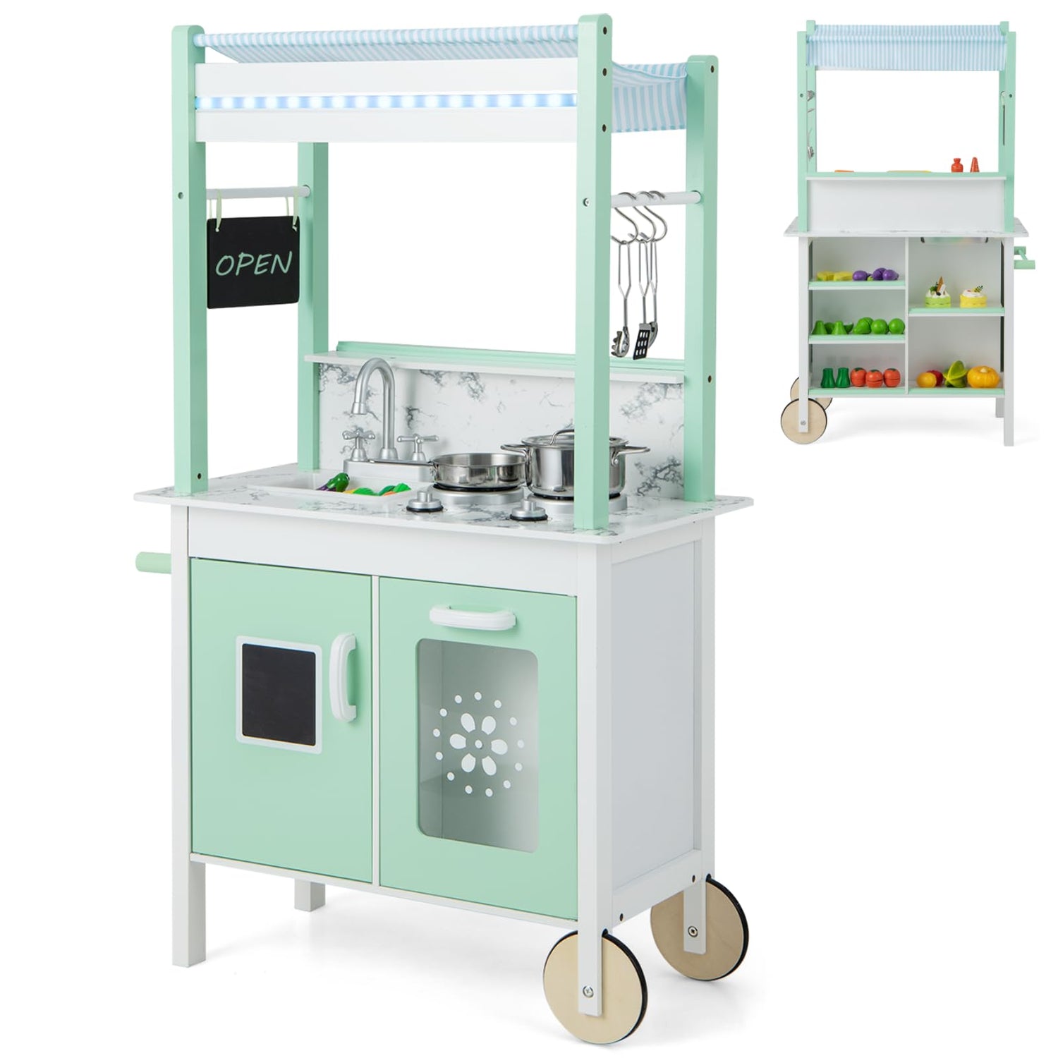 GYMAX 2 in 1 Kids Play Kitchen, Lighted Toy Kitchen and Grocery Store with Remote Control, Adjustable Brightness