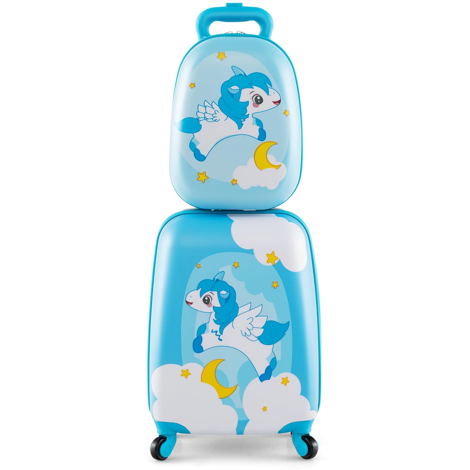 GYMAX 2Pc Kids Luggage Set, 12" & 16" Children Hand Trolley Case with 4 Spinner Wheels