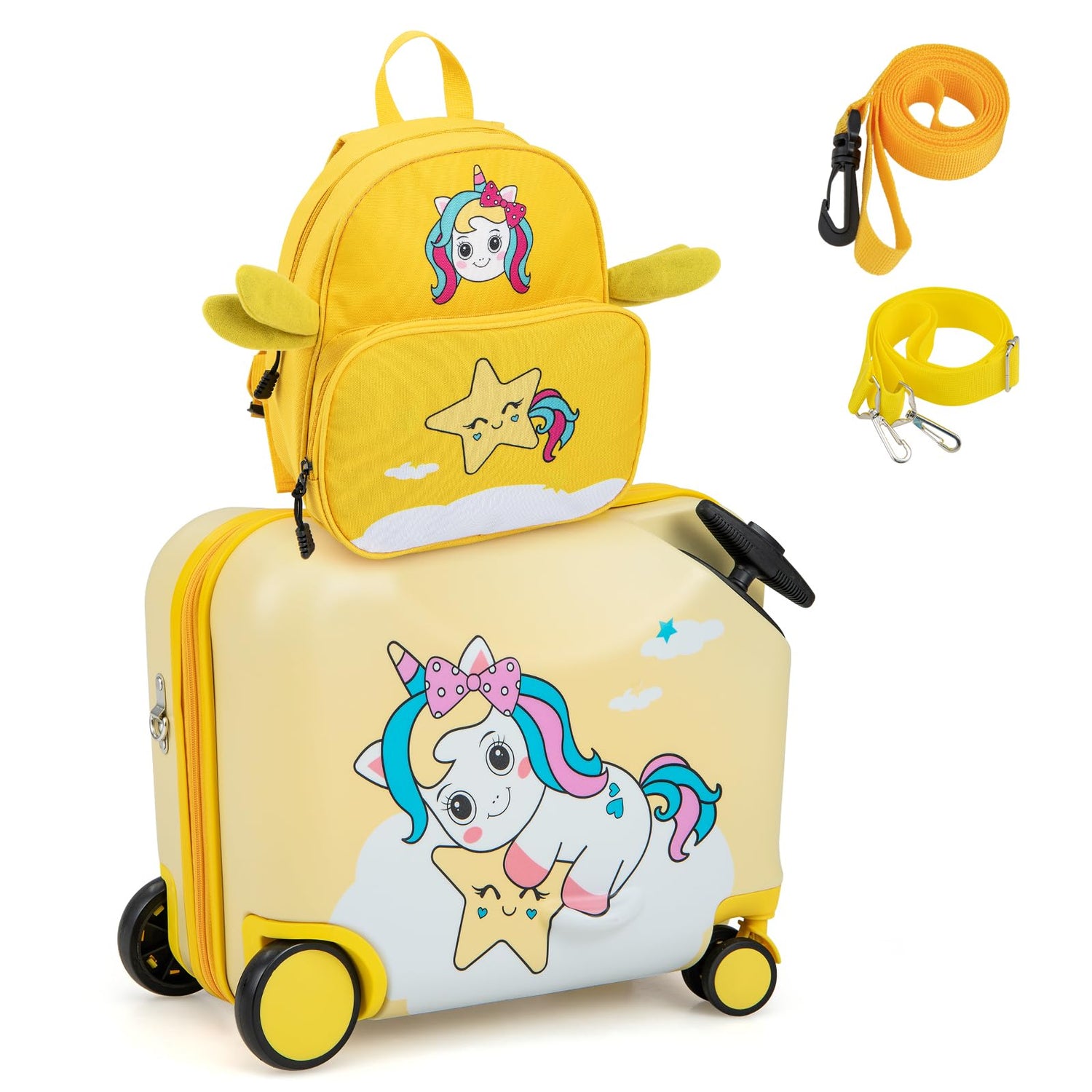 GYMAX 2Pcs Kids Luggage Set, 12" & 18" Children Hand Trolley Case with Wheels and Anti-Lose Rope