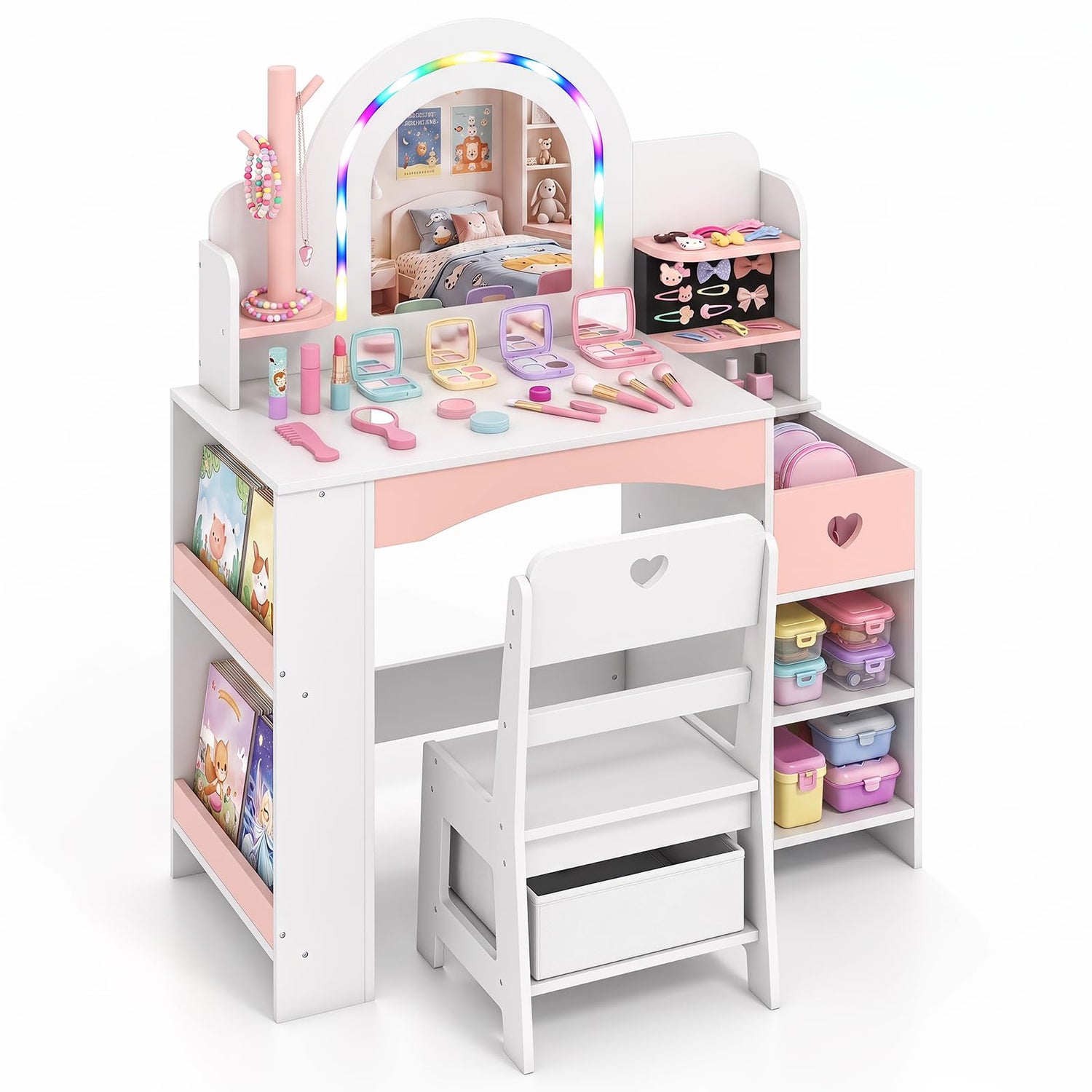 Kids Vanity Set, Girls Dressing Table with Lights Mirror