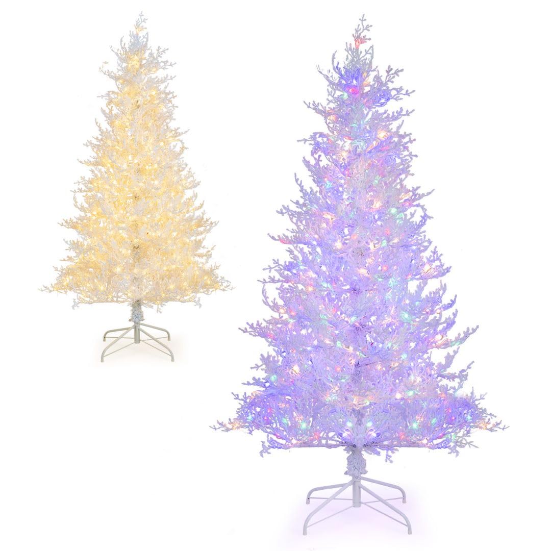 GYMAX 6FT Pre-lit Christmas Tree with 383 Snow Flocked Branch Tips