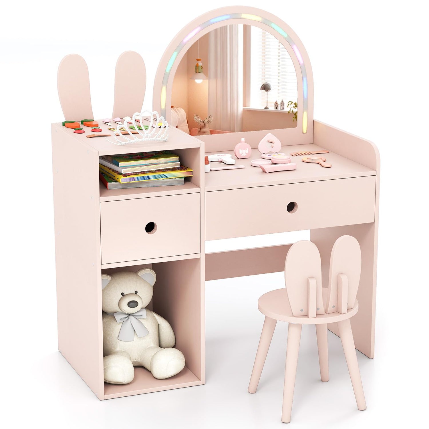 Kids Dressing Table, Girls Vanity Set with Lighted Mirror