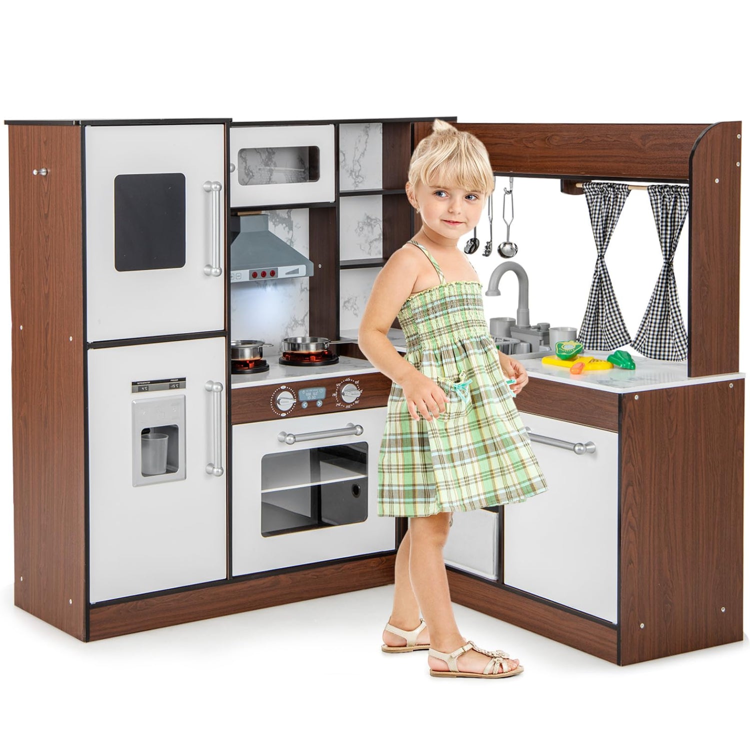 GYMAX Kids Corner Kitchen, Wooden Play Kitchen with Stoves, Microwave, Oven, Telephone, Range Hood, Ice Maker, Chalkboard