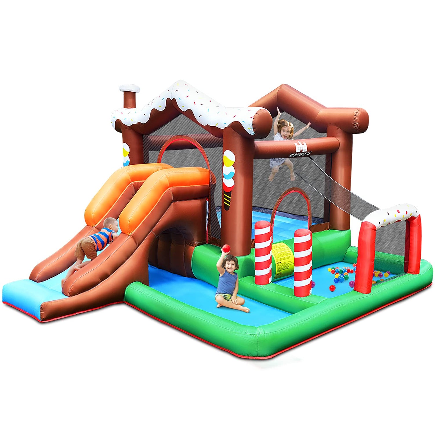GYMAX Inflatable Jumping Castle with Climbing Wall & Basketball Hoop