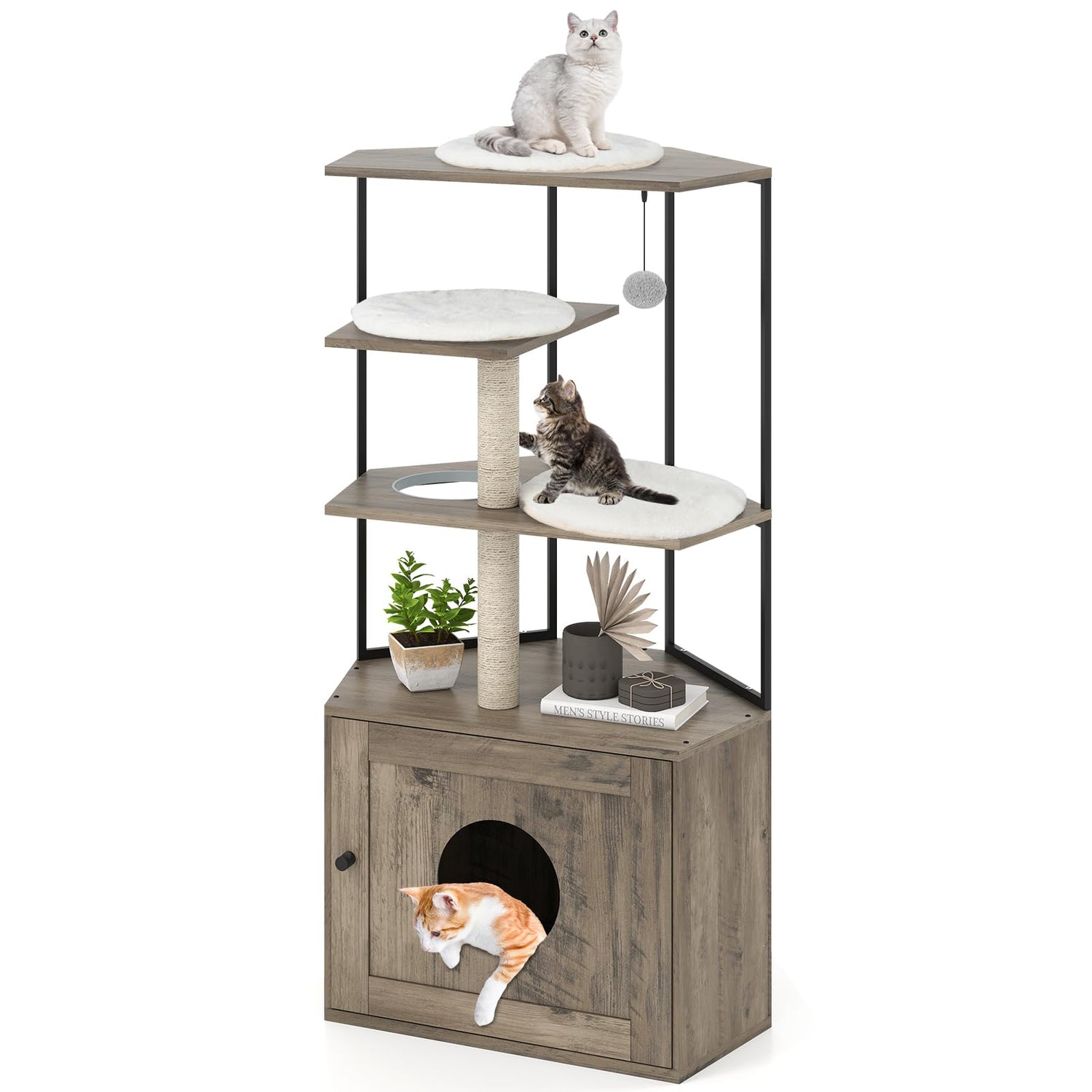 Cat Tree with Litter Box Enclosure with 2 Scratching Posts and 3 Mats
