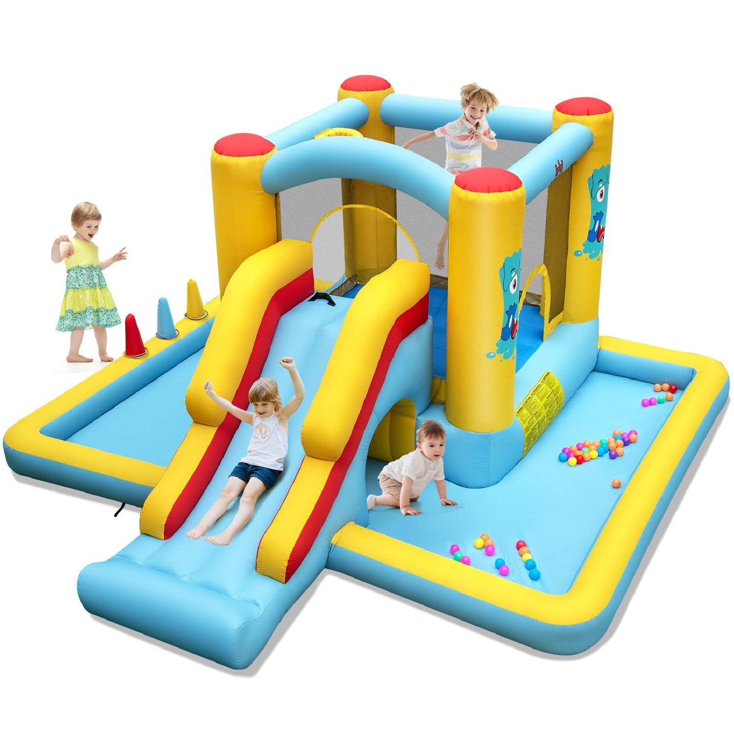 GYMAX 7 in 1 Kids Bouncy Castle with Slide& Climbing Wall