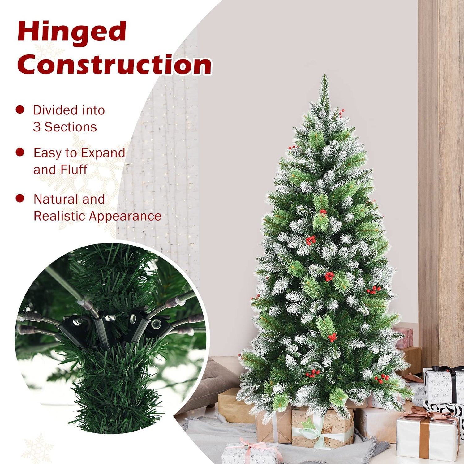 GYMAX Christmas Tree Premium Hinged Artificial Tree with Snow Pine Needle