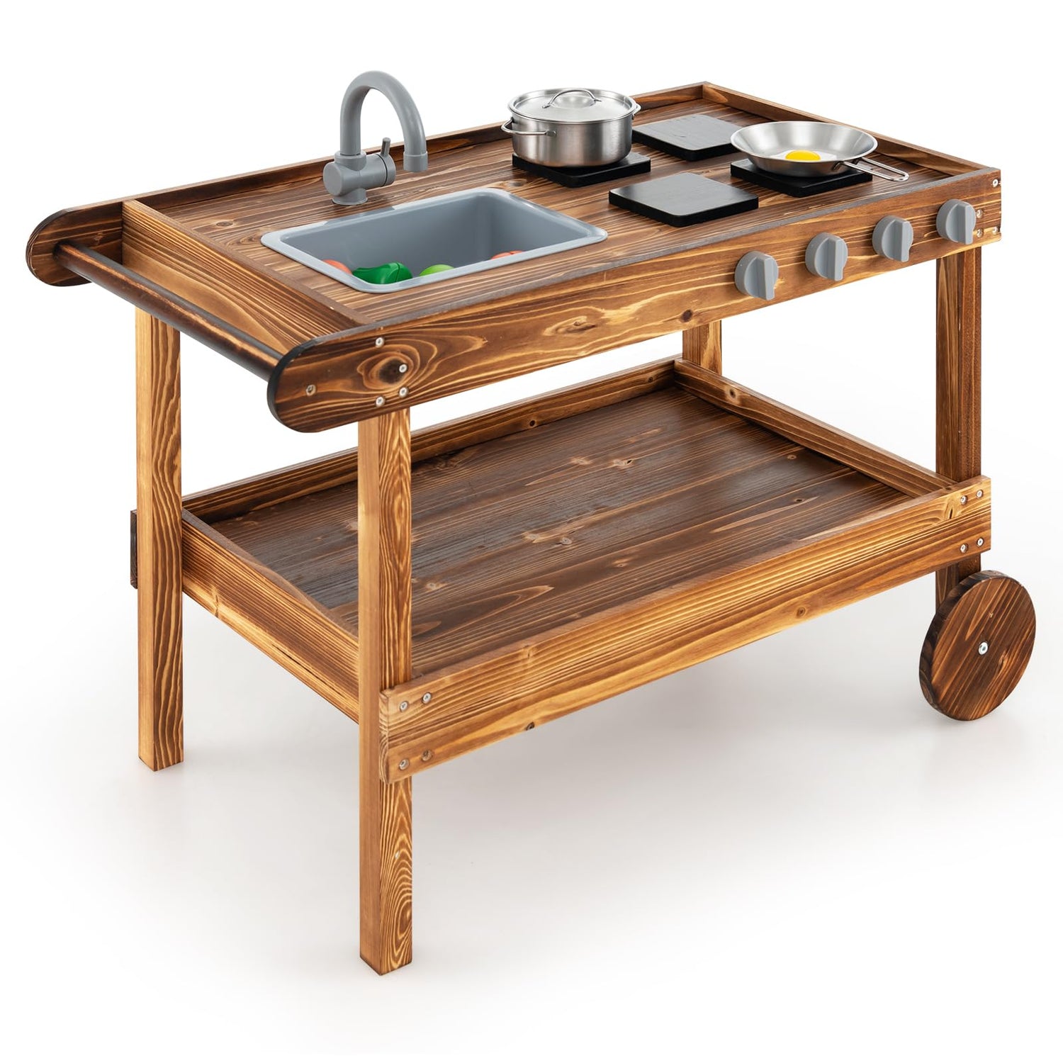 GYMAX Wooden Toy Kitchen with Rolling Wheels