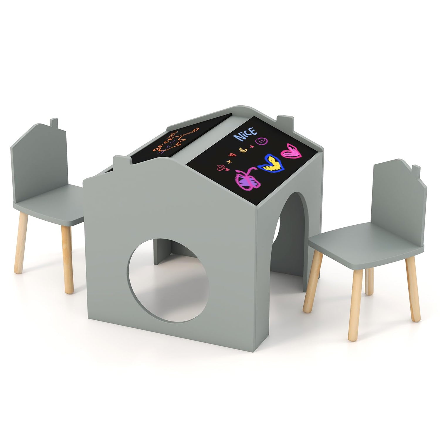 GYMAX Kids Table and Chairs Set, Wooden Children Activity Desk with 2 Chairs