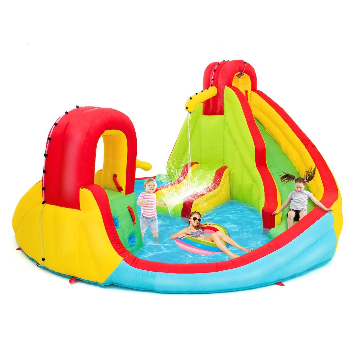 GYMAX Inflatable Double Slides Water Park with Climbing Wall