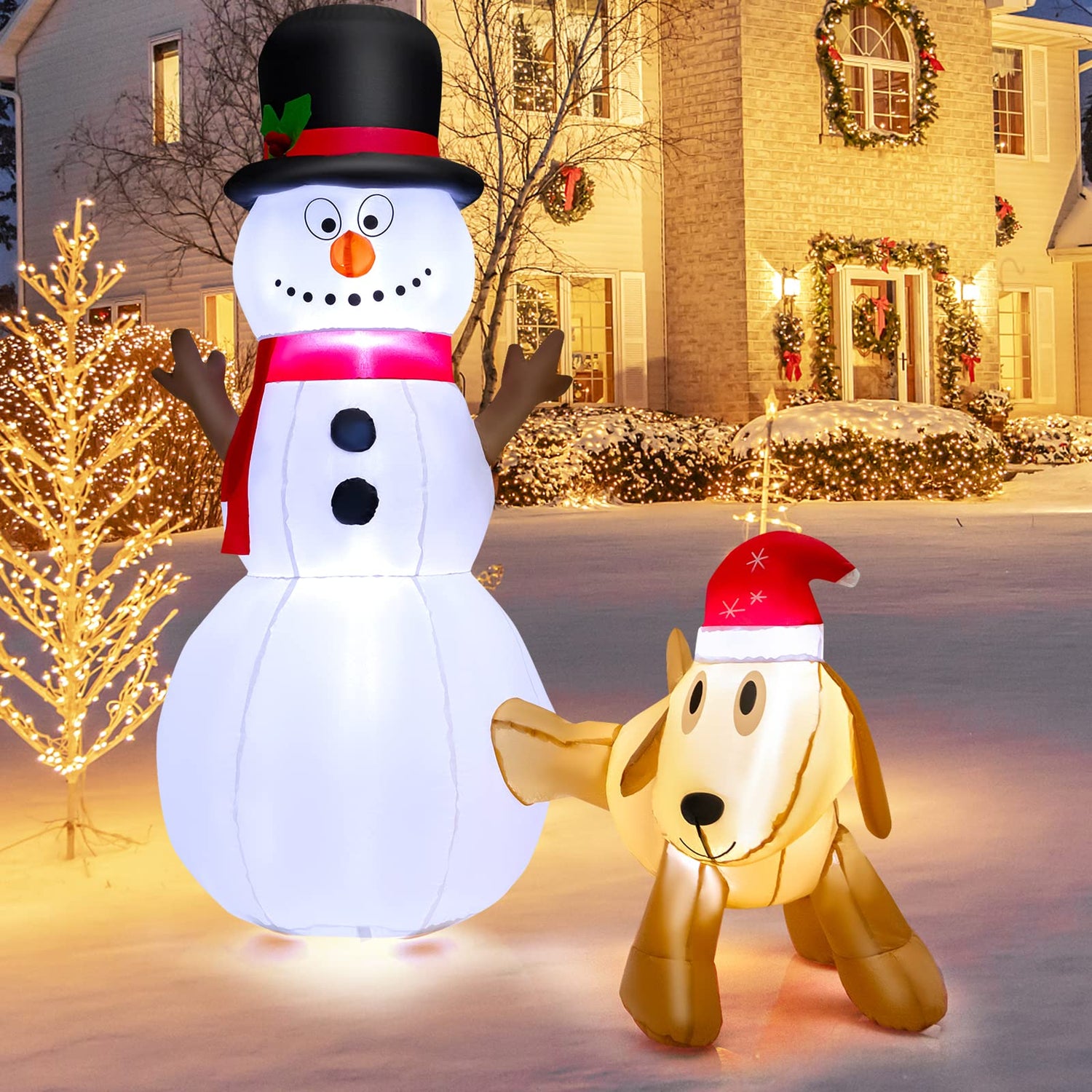 180 cm Tall Inflatable Snowman and Dog Set with Built-in LED Lights