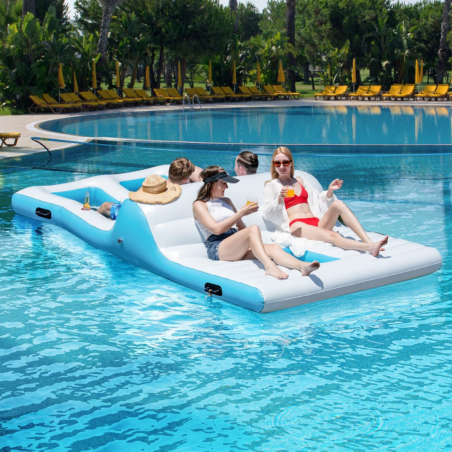 GYMAX Inflatable Floating Island with Ice Chest & 4 Cup Holders