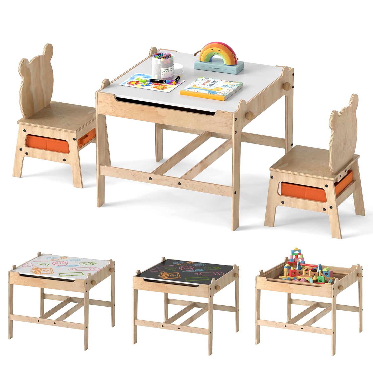 Kids Table and Chairs 4 in 1 Wooden Activity Desk Set (Bear Shape)