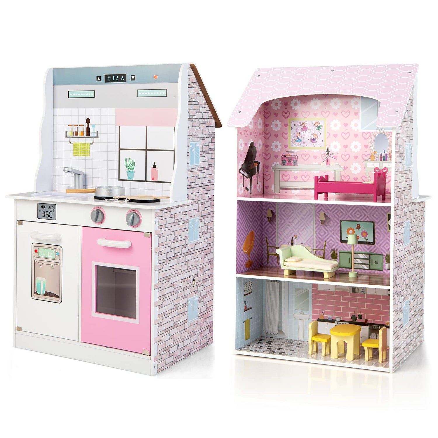GYMAX 2 in 1 Kids Play Kitchen, Wooden Dolls House and Toy Kitchen, 3-Storey Children Dollhouse for Girls Boys(55x43x91cm,Pink)