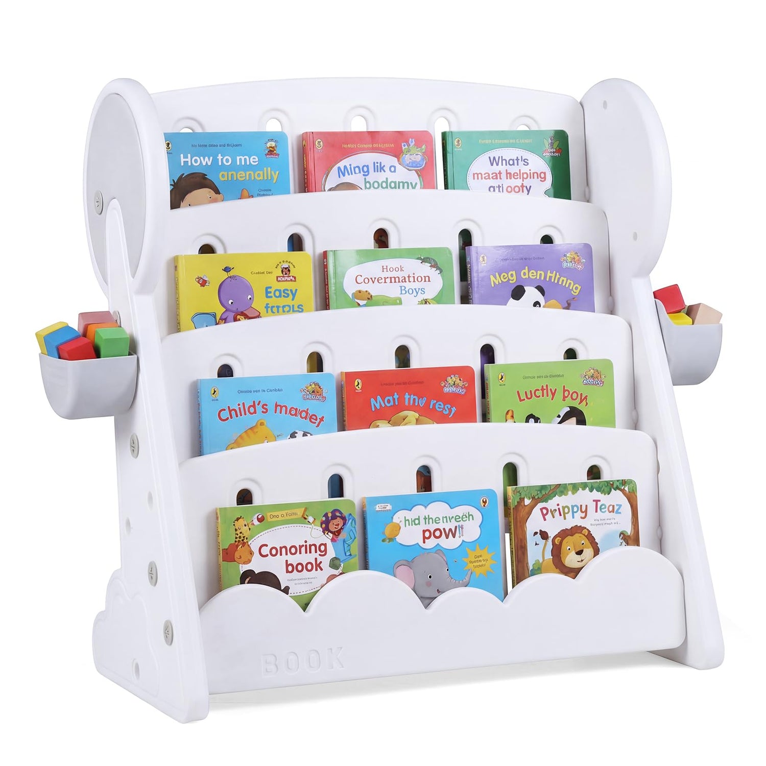 Kids Bookshelf, 4-Tier Book Display Rack with 2 Storage Boxes and Reversible Bottom Shelf