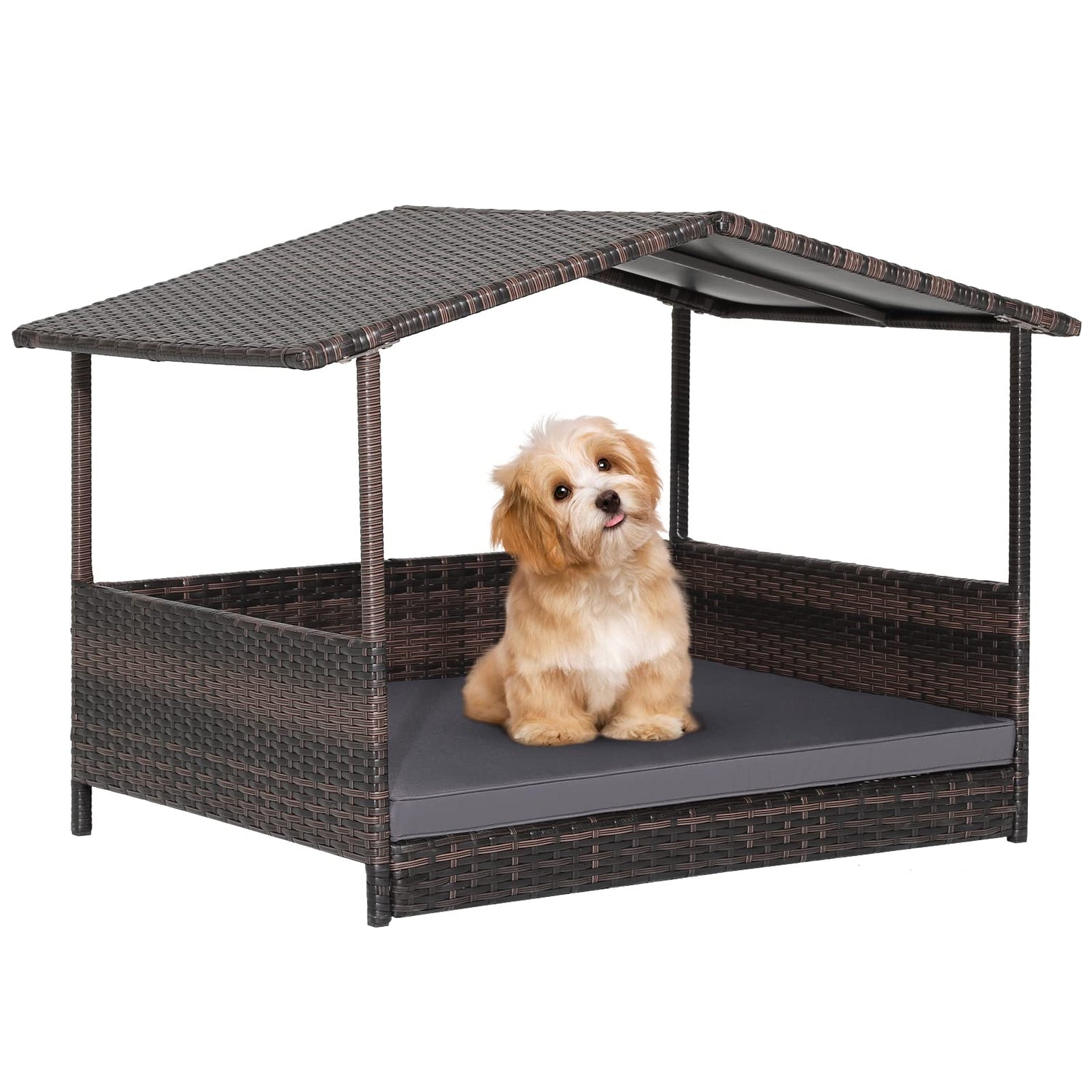 GYMAX Wicker Pet House Indoor Outdoor Raised Rattan Dog Bed