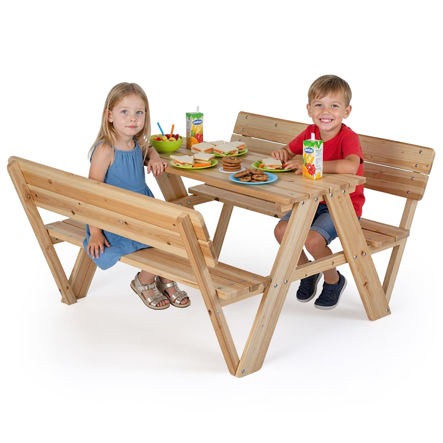 Kids Picnic Table, Fir Wood Children Outdoor Table with 2 Built-in Benches