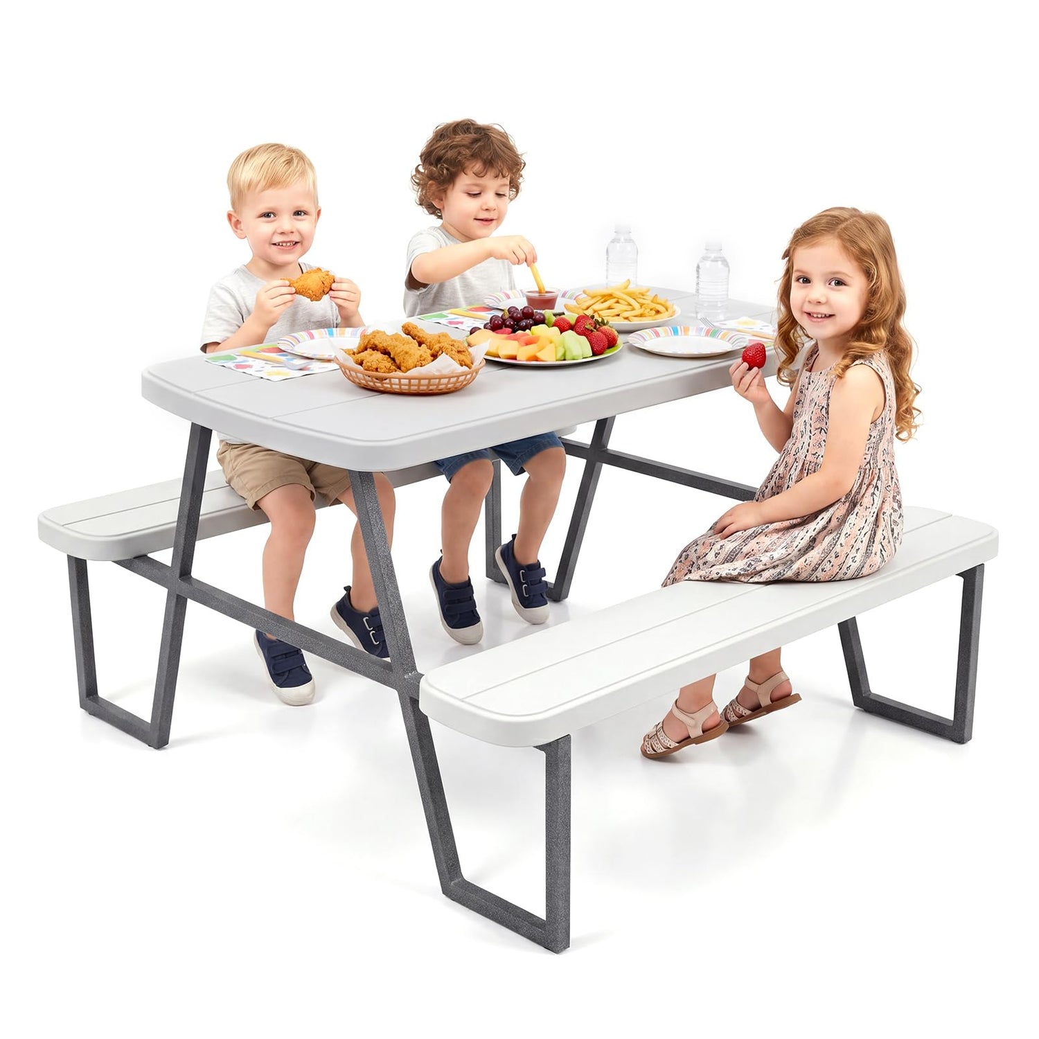 Kids Picnic Table, Children Outdoor Camping Table with Benches & Umbrella Hole