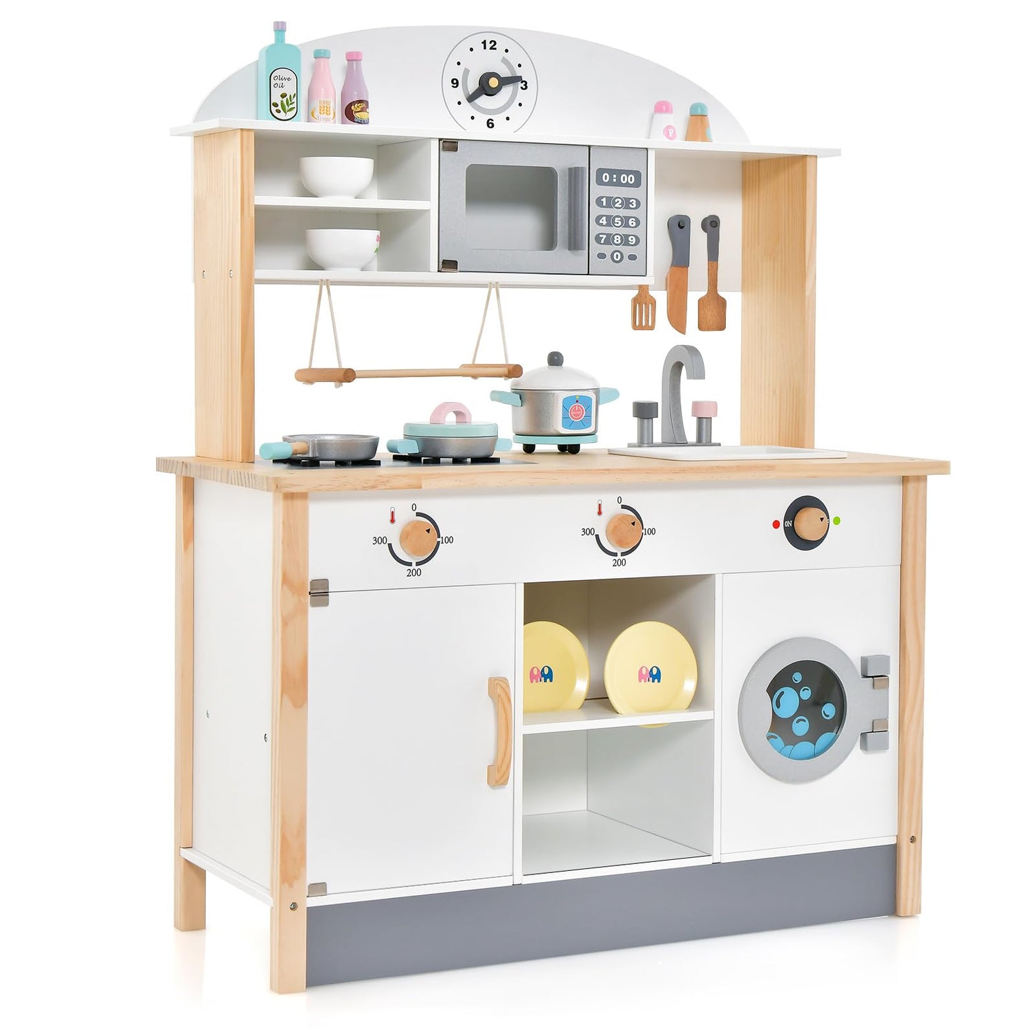 Wooden Kids Play Kitchen Set with Microwave Oven and Washing Machine