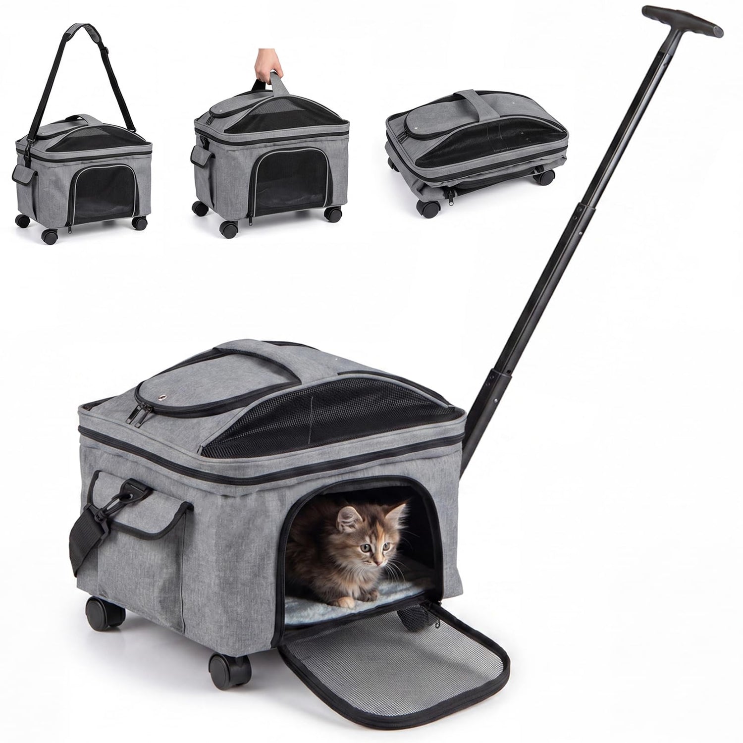 Pet Carrier with Wheels, Foldable Pet Carrier with Telescopic Handle