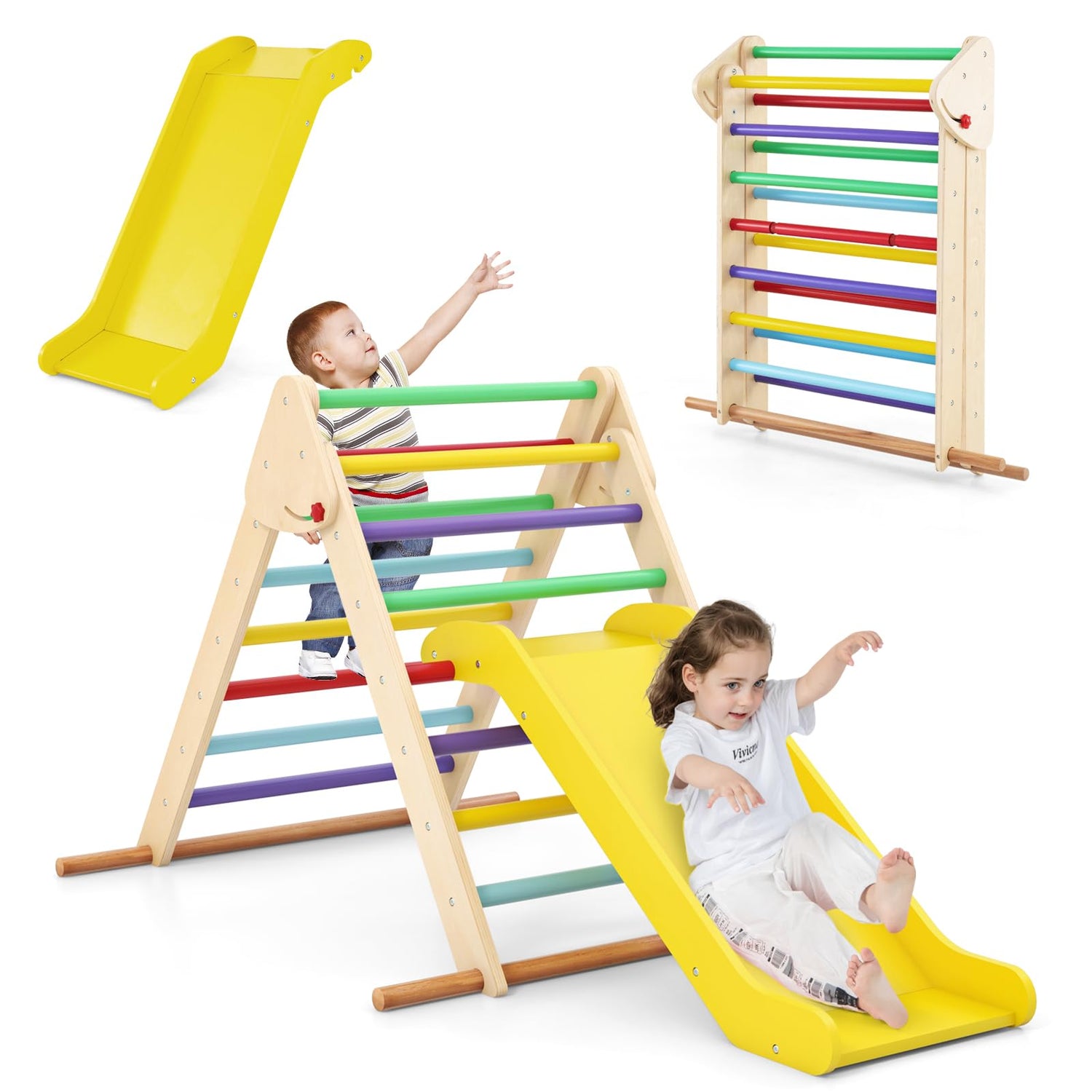 GYMAX 2 in 1 Kids Climbing Set, Wooden Toddler Climber with Slide