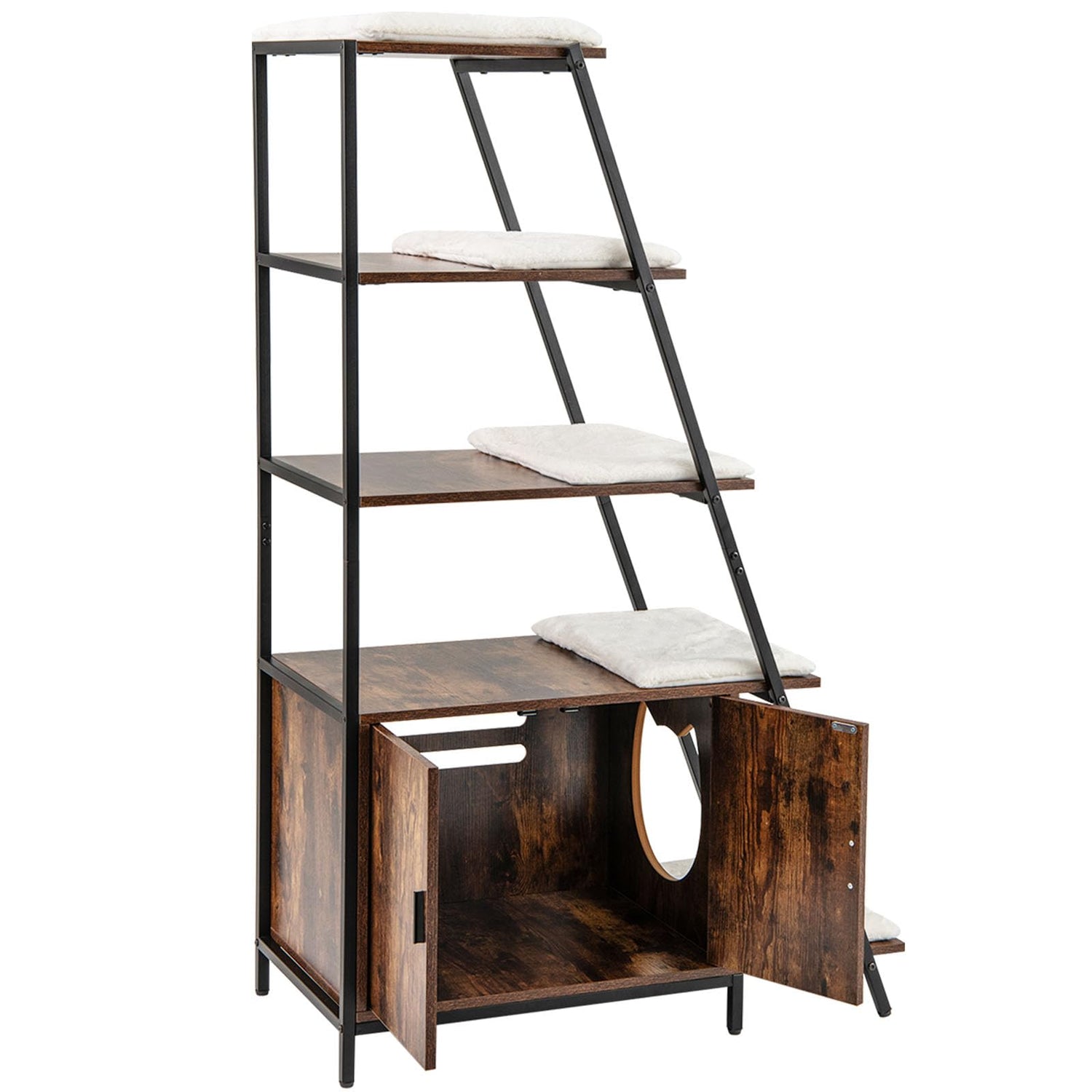 GYMAX Cat Litter Box Enclosure, Indoor Hidden Privacy Kitty Washroom with Ladder Shelf, Removable Cushions & Side Entry