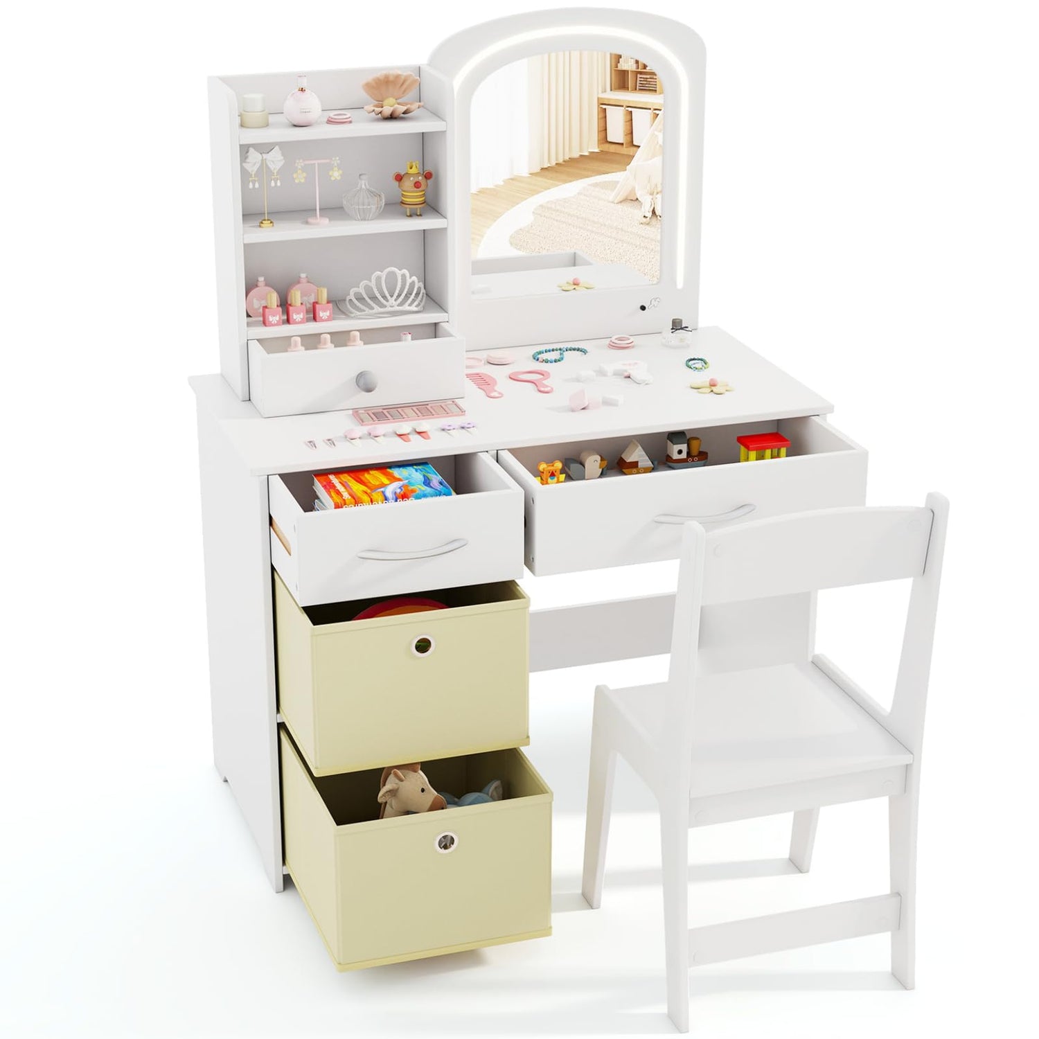 GYMAX Kids Wooden Girls Dressing Tables with 2-Color LED Lighted Mirror