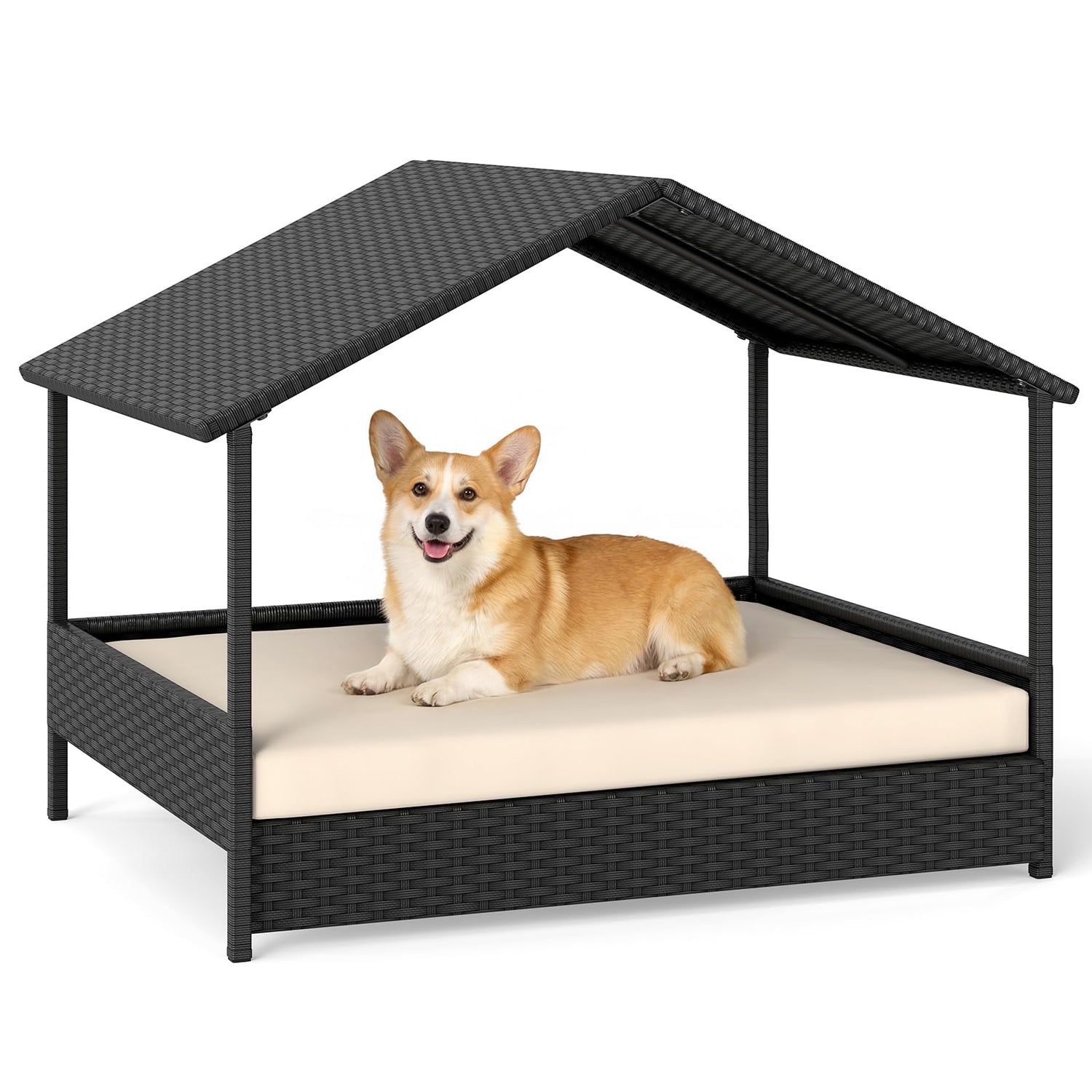 Wicker Dog Bed, Raised Rattan Dogs House with Canopy