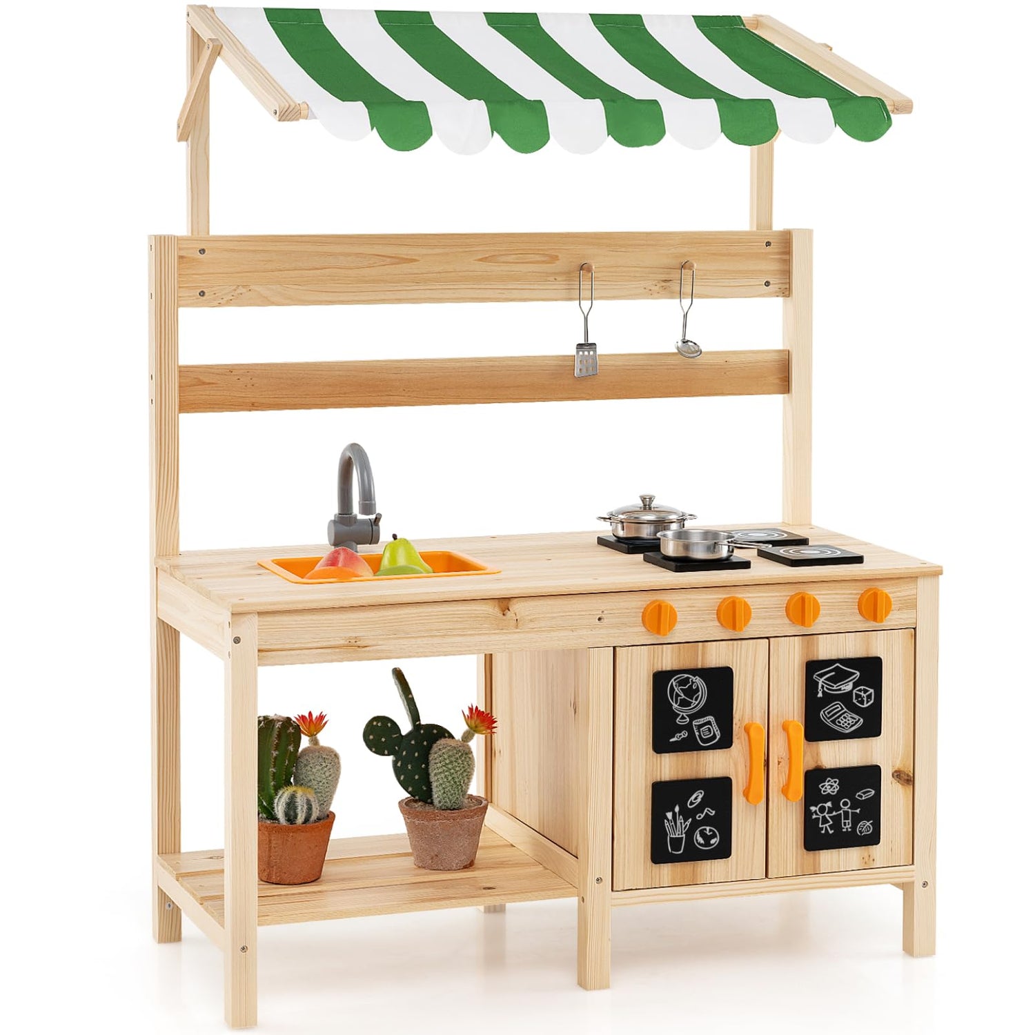 GYMAX Kids Mud Kitchen, Outdoor Toy Kitchen with 4 Stoves