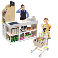 GYMAX Wooden Pretend Grocery Store and Shopping Trolley, Role Play Shop with Cash Register, Scanner, Credit Card and Coins, Supermarket Playset