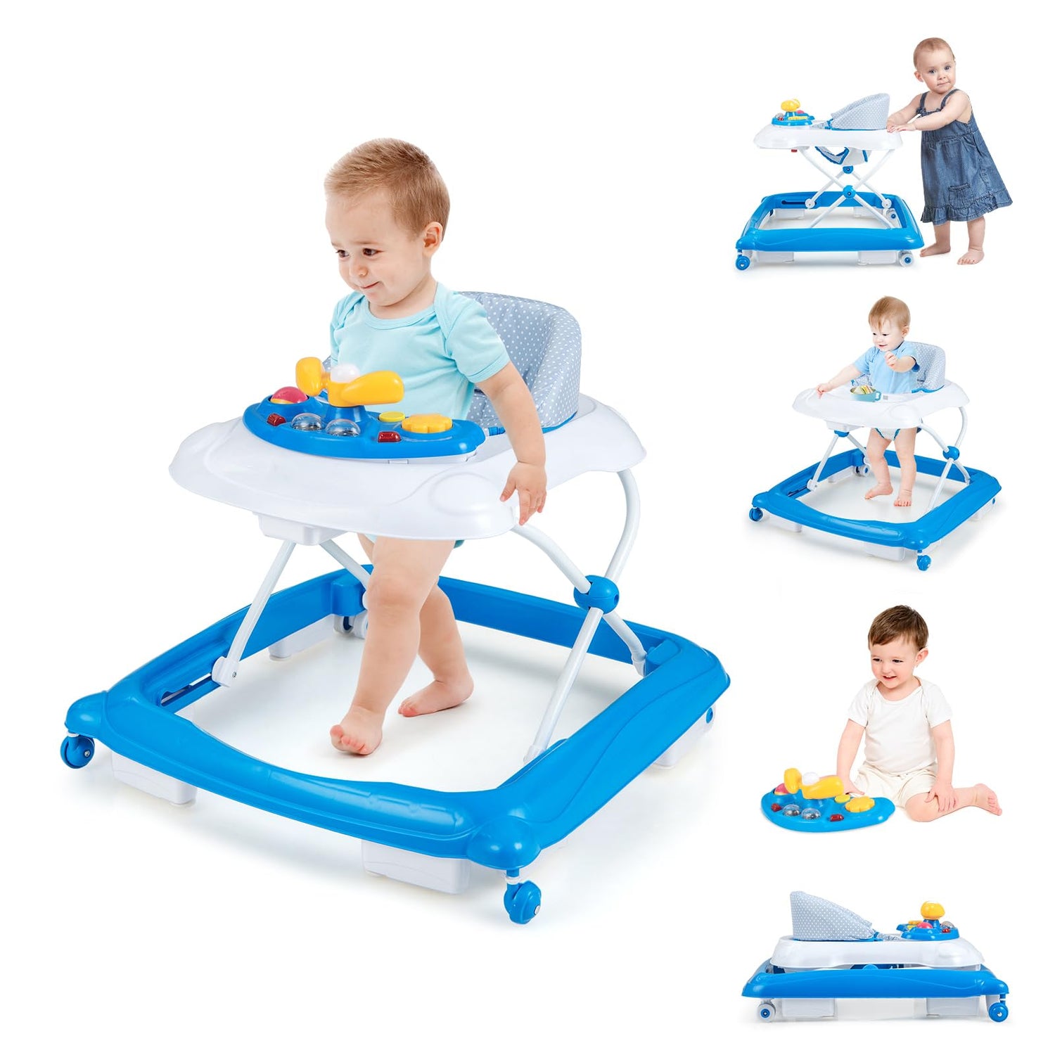 GYMAX Baby Walker, 4 in 1 Foldable Toddler Push Along Walker with Wheels, Music Tray, Lights and Comfy Seat