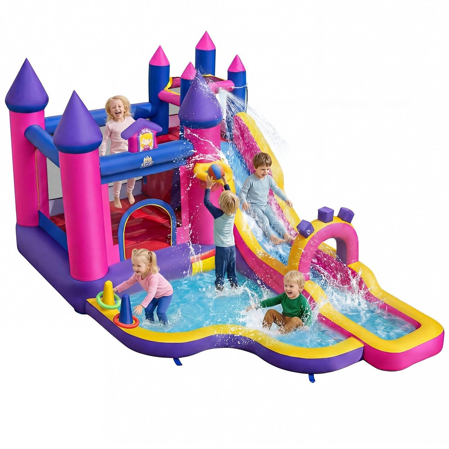 Inflatable Water Slide, Princess Themed Water Park with Long Slide, Jumping Area, Climbing Wall, Splash Pool, Basketball Hoop