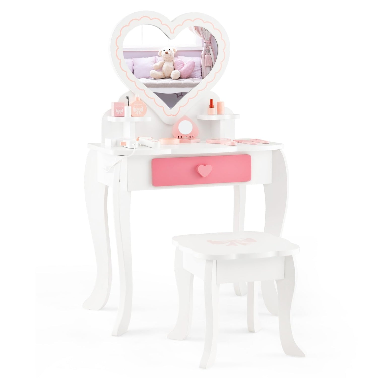 GYMAX Kids Dressing Table and Stool Set, Wooden Children Vanity Table with Drawer, Removable Mirror (Heart Shape Mirror)