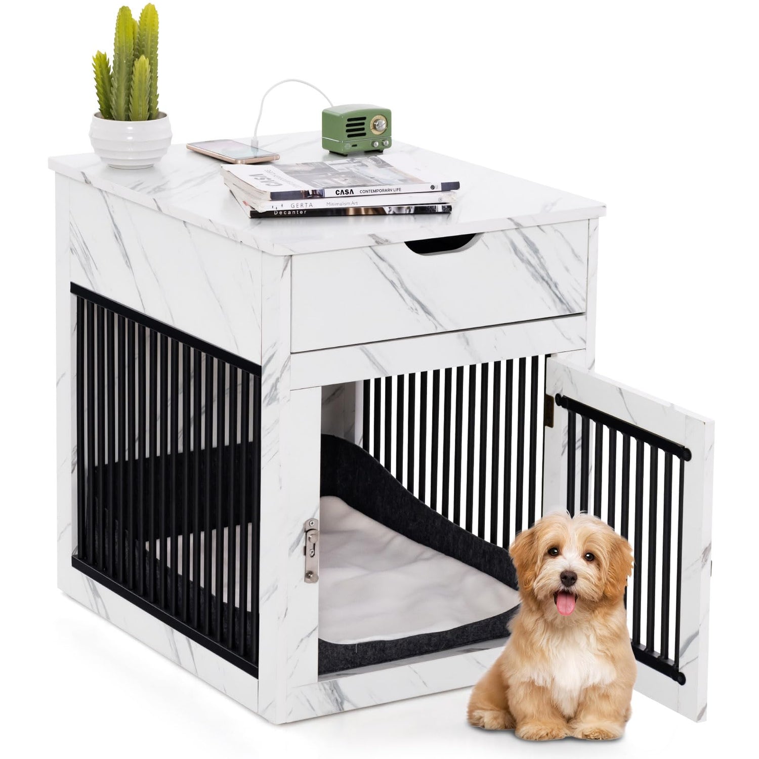 GYMAX Wooden Dog Crate, Furniture Style Puppy Cage Side End Table with Drawer and Removable Pad(64 x 50 x 63 cm)
