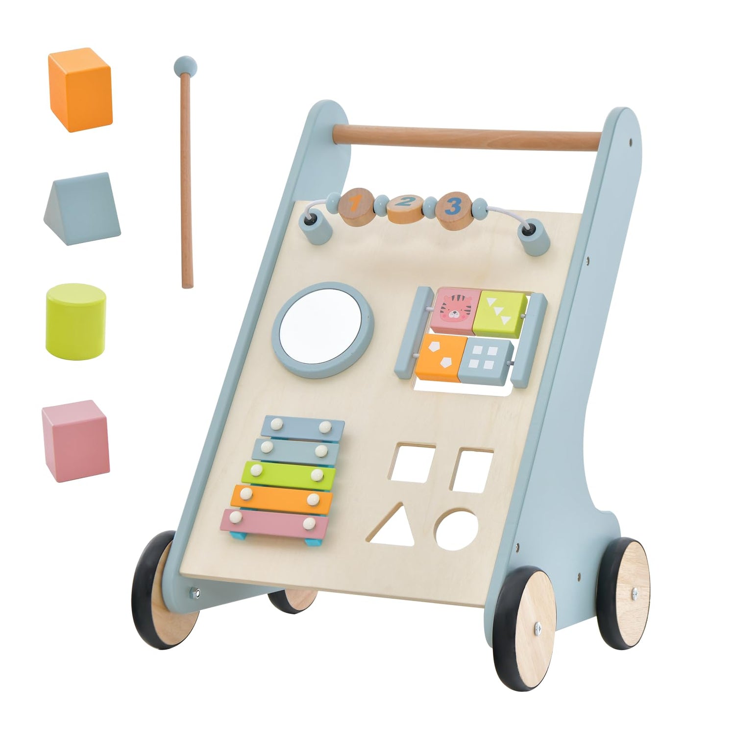 GYMAX Wooden Baby Walker, Toddler First Step Activity Interactive Push Along Toy with Handle
