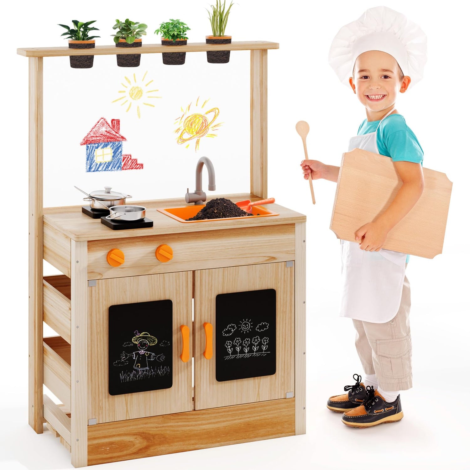 GYMAX Kids Mud Kitchen, Fir Wood Children Potting Bench Table with 4 Pots