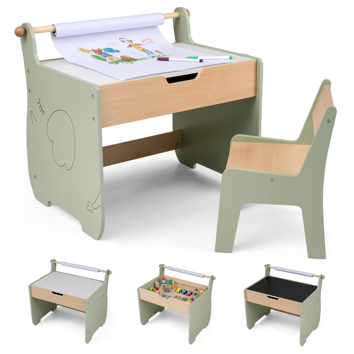 3 in 1 Kids Table and Chair Set, Toddler Art Table with Reversible Blackboard Tabletop