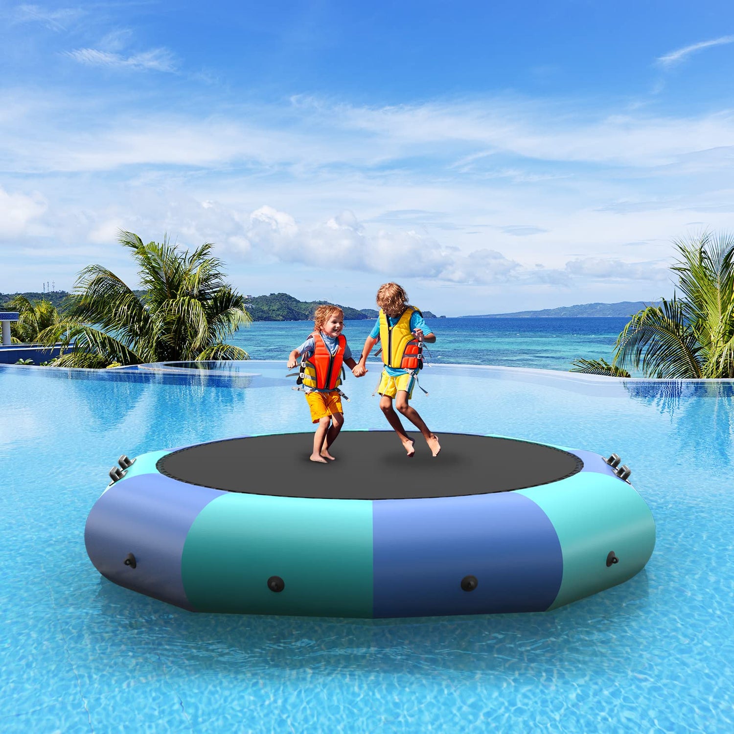 GYMAX Inflatable Water Trampoline, 10FT Bouncing Swimming Platform with Electric Inflator