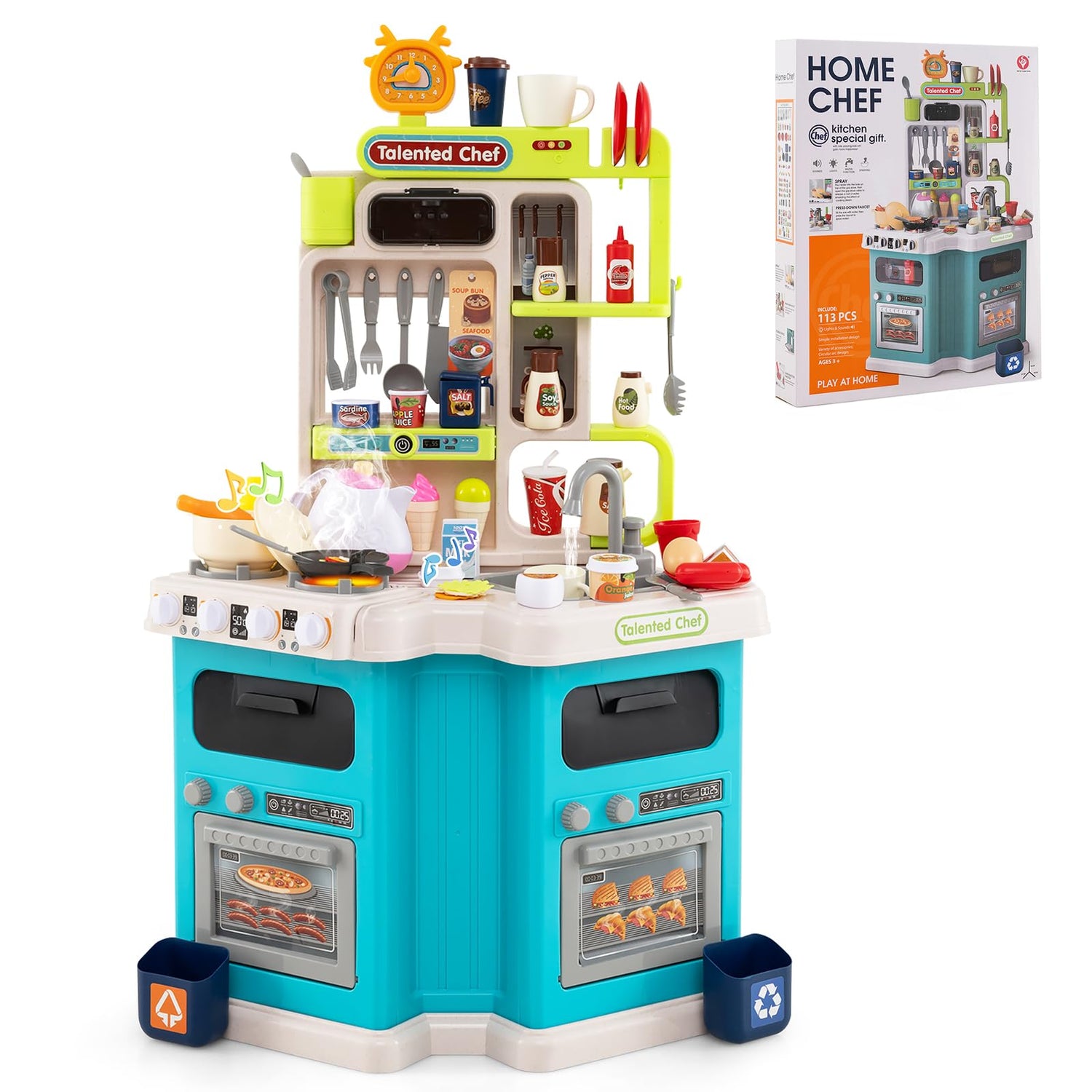 Kids Kitchen Playset Corner Play Kitchen with Realistic Sounds and Lights