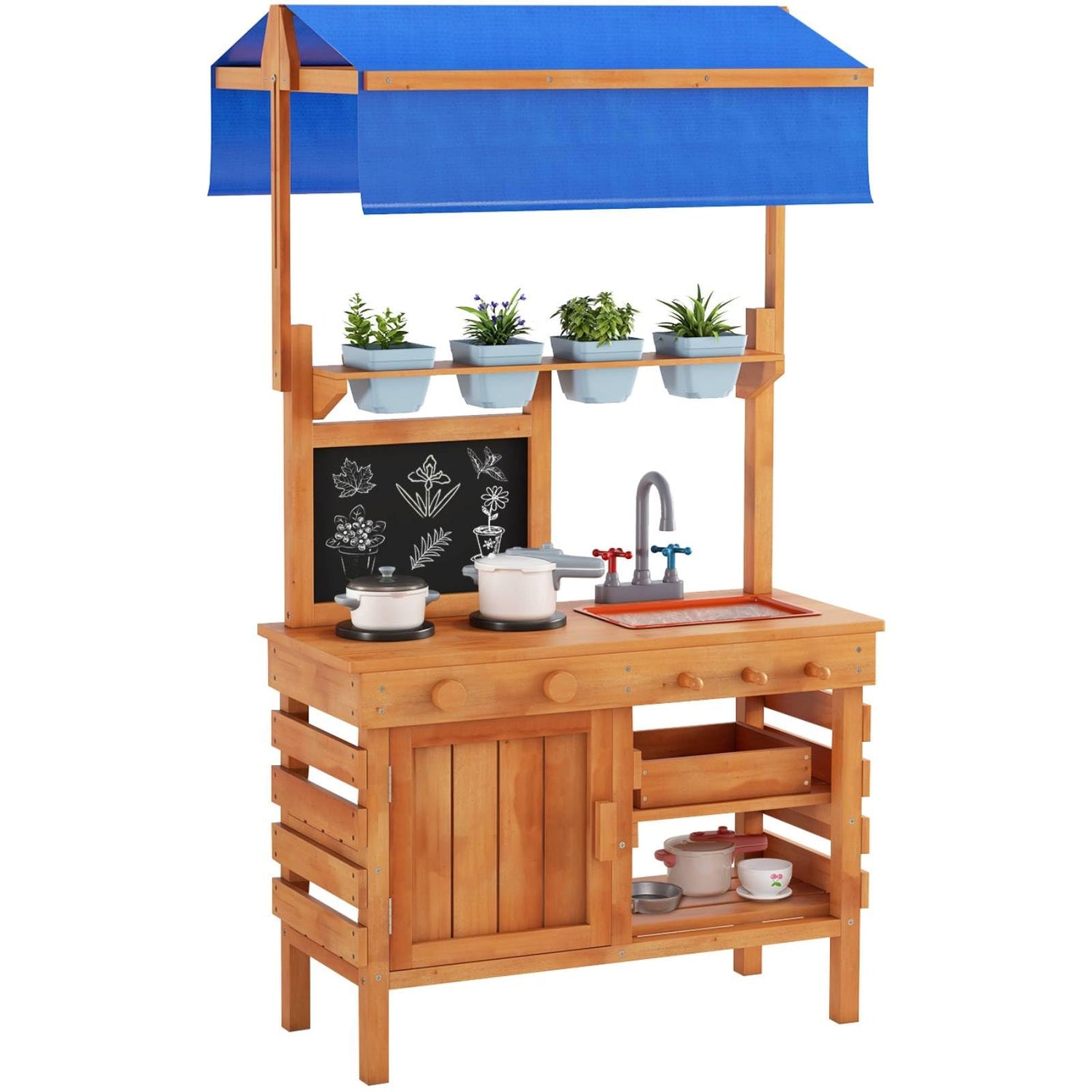 GYMAX Kids Mud Kitchen, Fir Wood Children Potting Bench Table with Adjustable Canopy