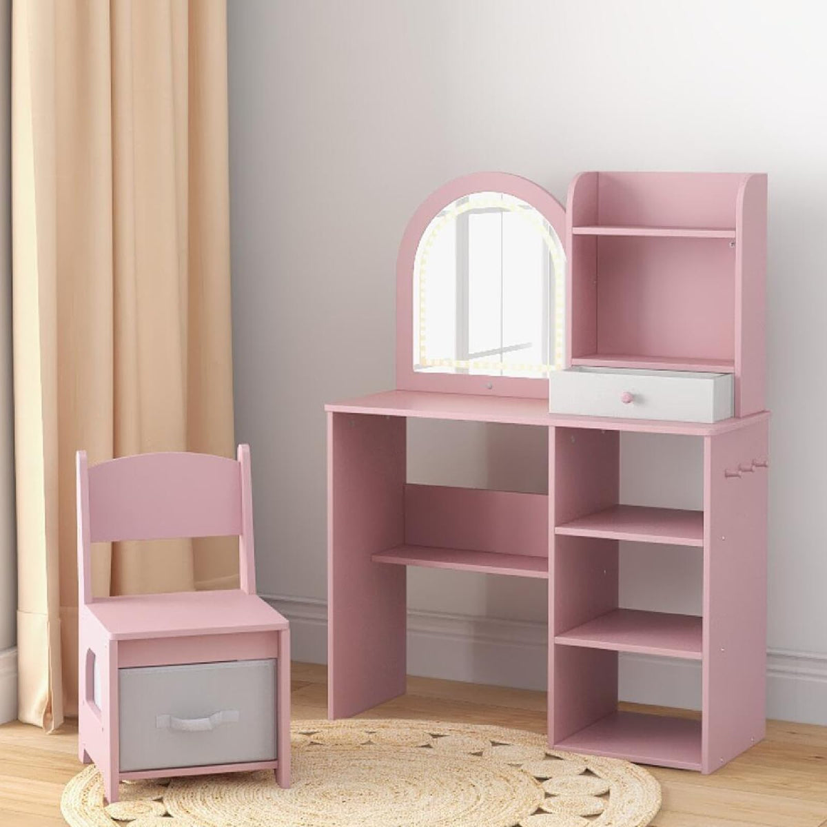 Kids Vanity Table and Chair Set with 3-color Lighted Mirror for 3+ Years Old