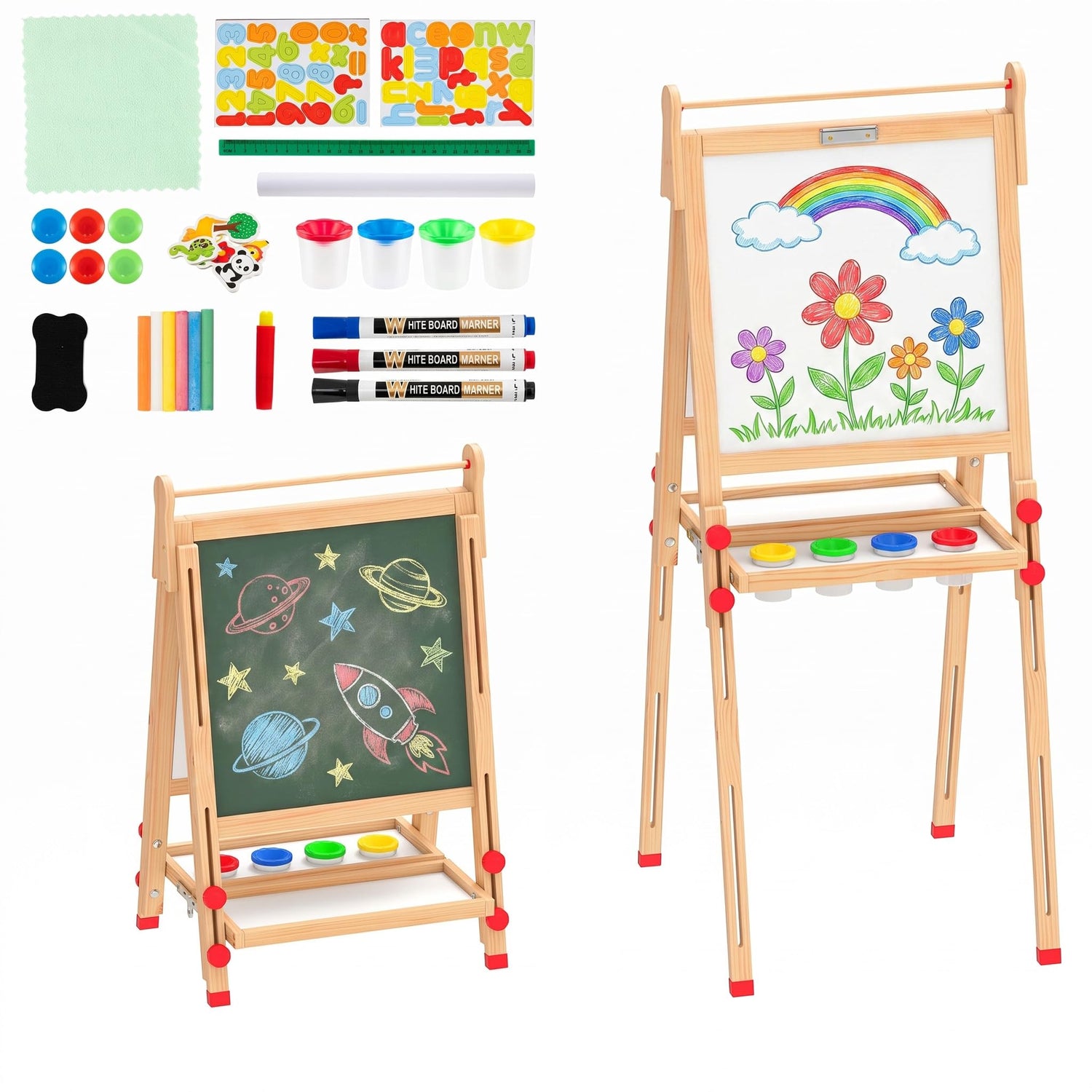 3-in-1 Kids Art Easel, Double-Sided Folding Wooden Easel