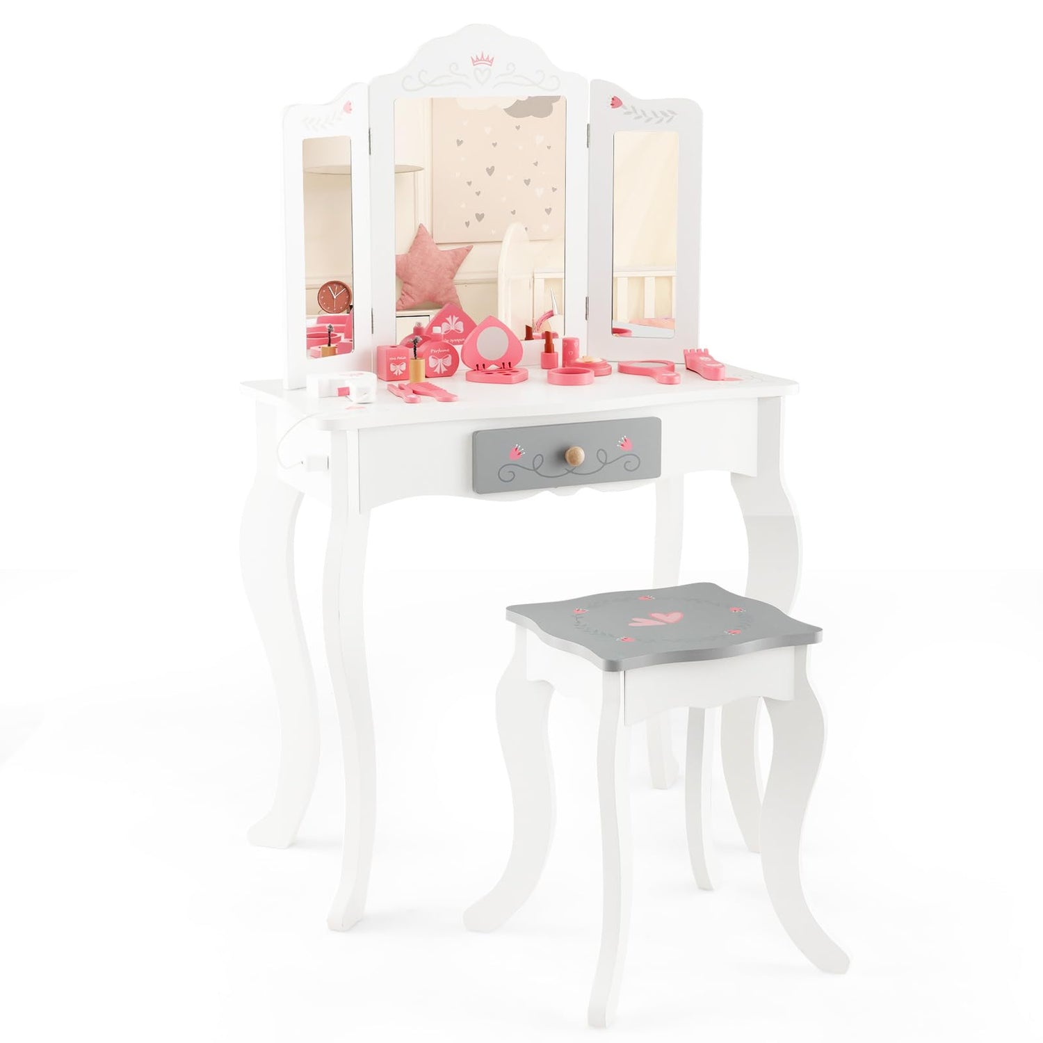 GYMAX Kids Vanity Table Set, Wooden Girls Dressing Table with Stool, Tri-folding Mirror & Drawer (White+Grey with 10 Pcs Makeup Toys)