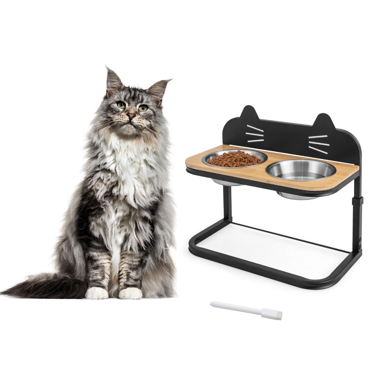 GYMAX Raised Pet Bowl, 3 Height-Adjustable Cat Dog Feeder with 2 Detachable Stainless Steel Bowls(43 x 22 x 33-38cm)